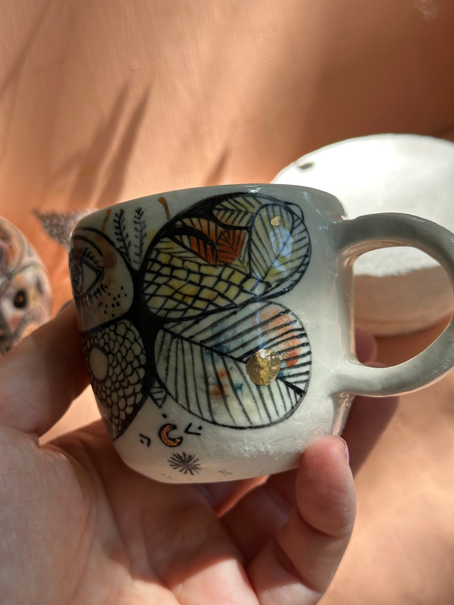 ‘moth’ hand painted cup, small/ med