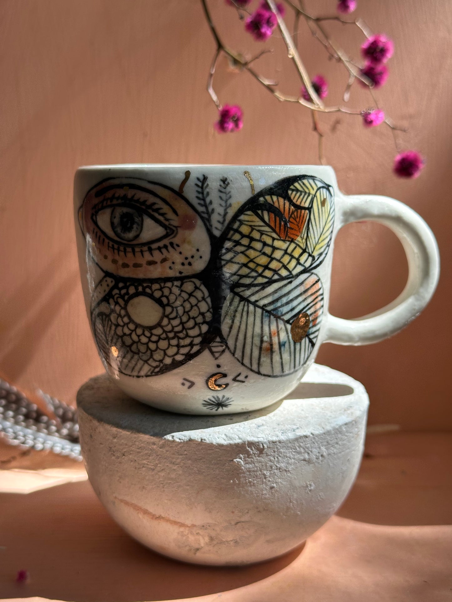 ‘moth’ hand painted cup, small/ med