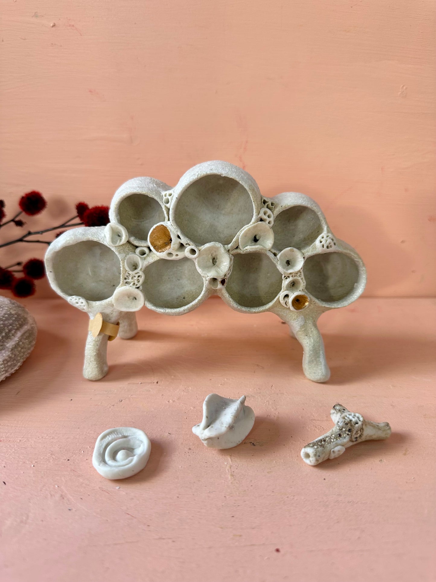 Small ‘treasure shelf’ with coral accents & accessories