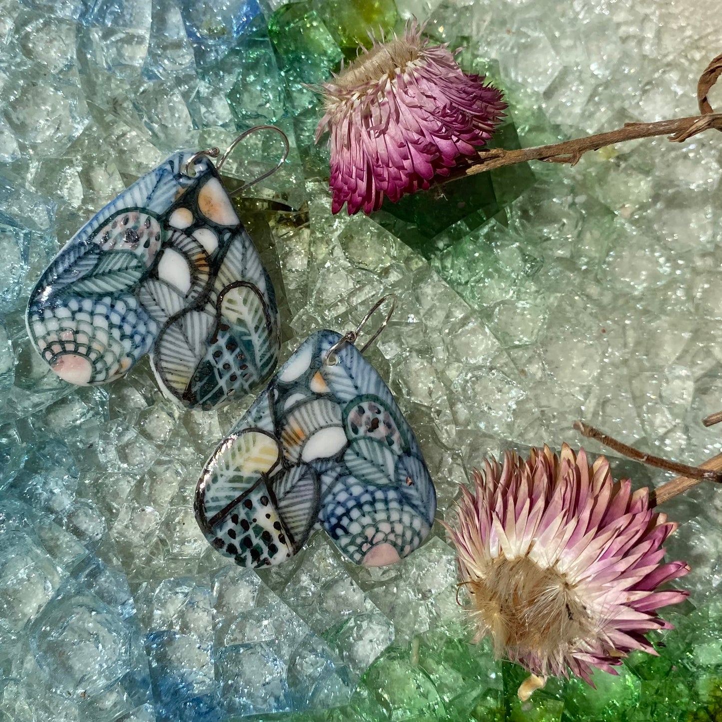 ‘Wings’ Porcelain Earrings With Hand Painted Sea Foam Design