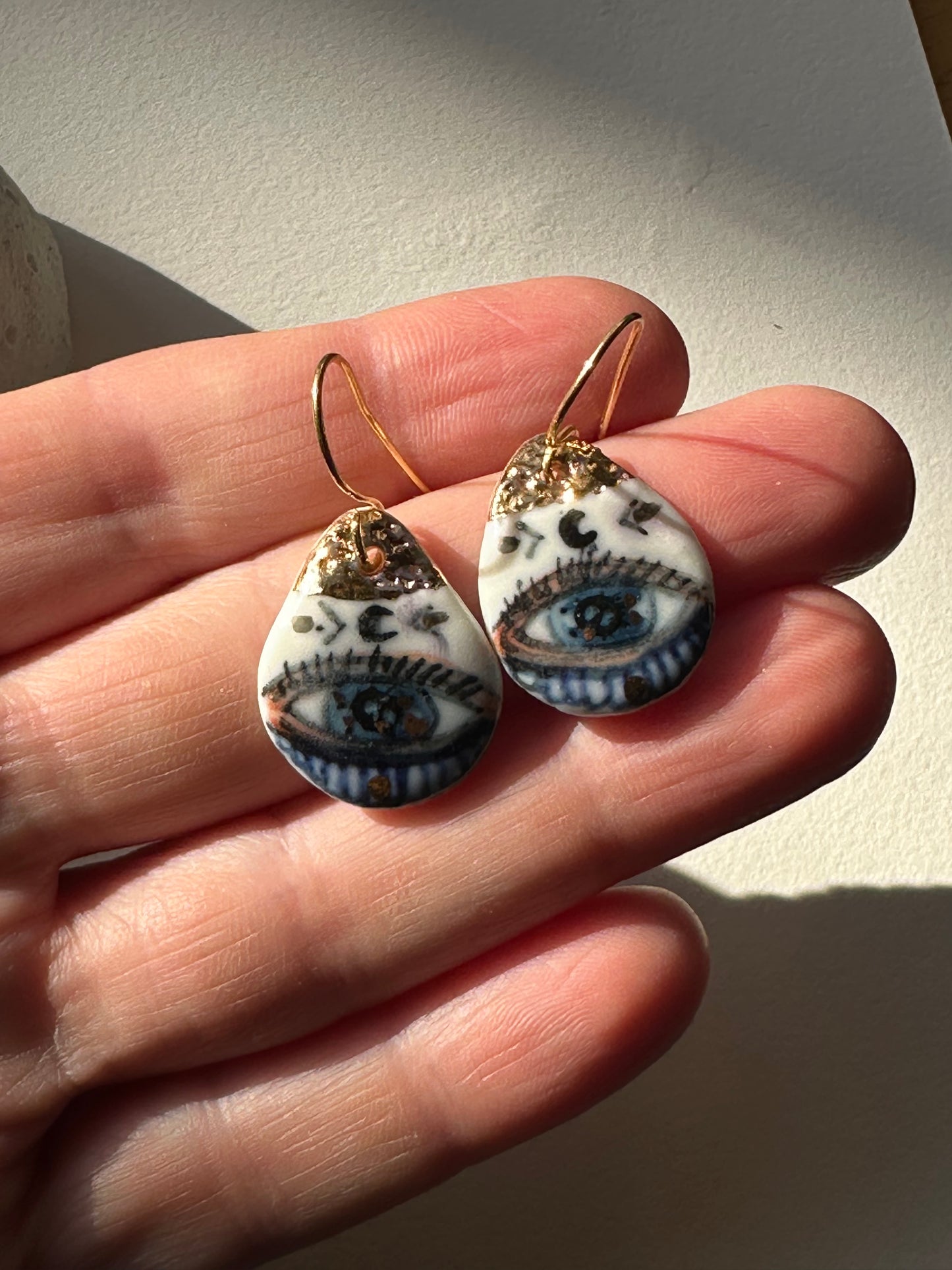 ‘The Protective Eye’ small Porcelain Earrings With Gold Detail