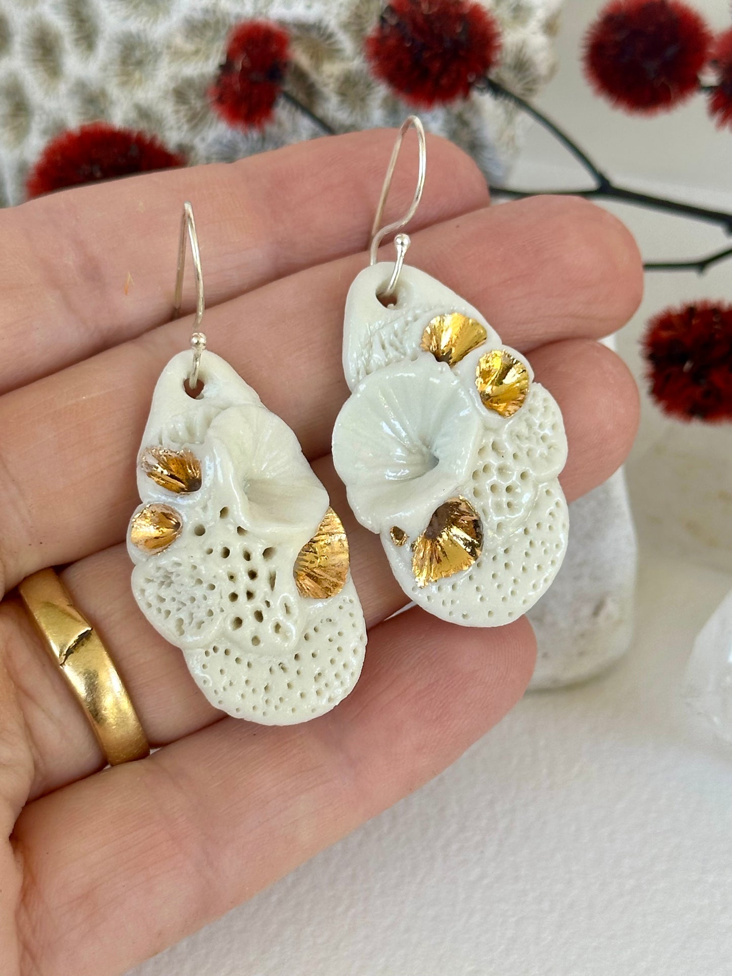 ‘Rock Coral’ white and gold porcelain earrings