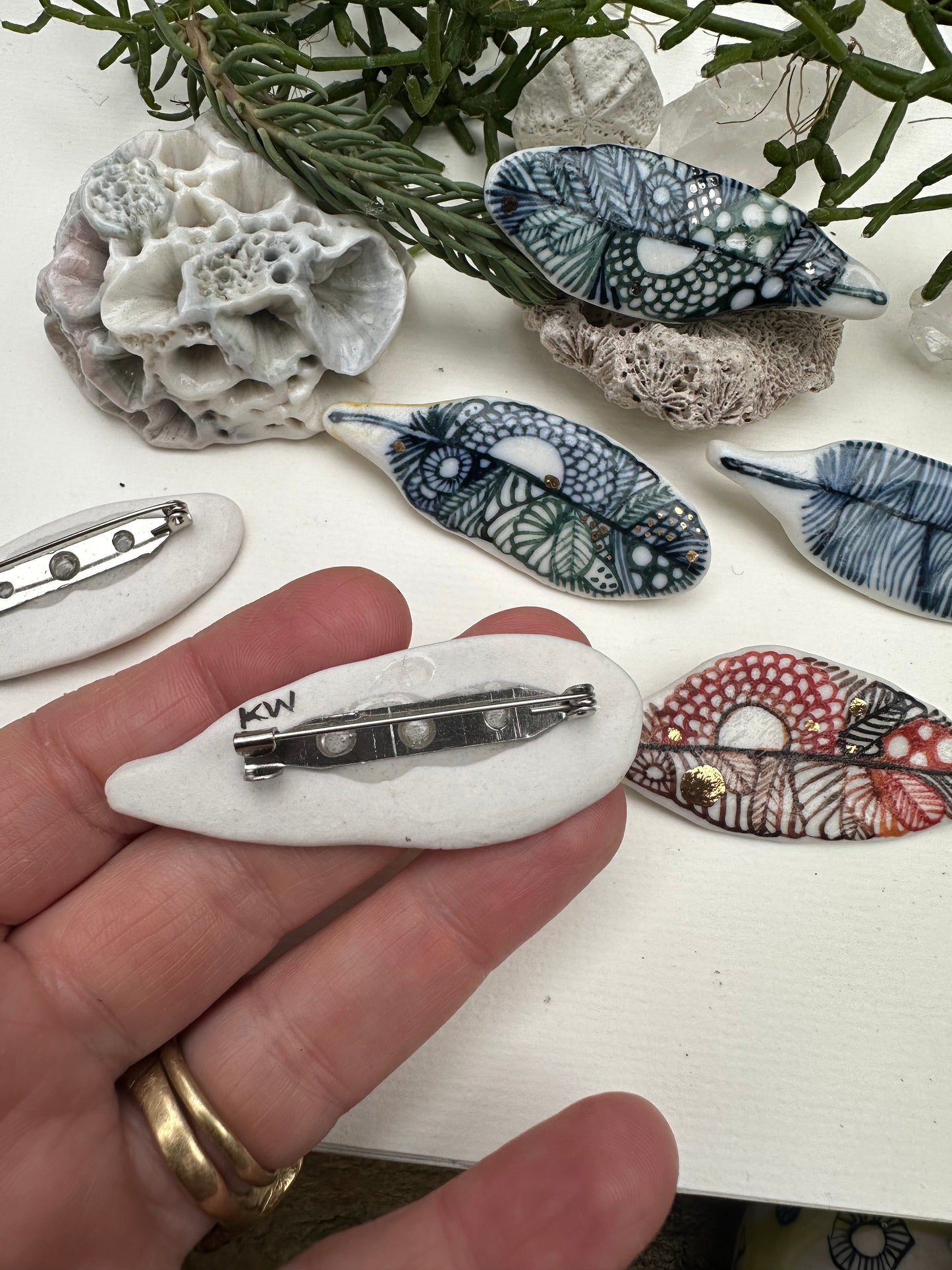 ‘Feather’ Hand Painted Porcelain Brooch