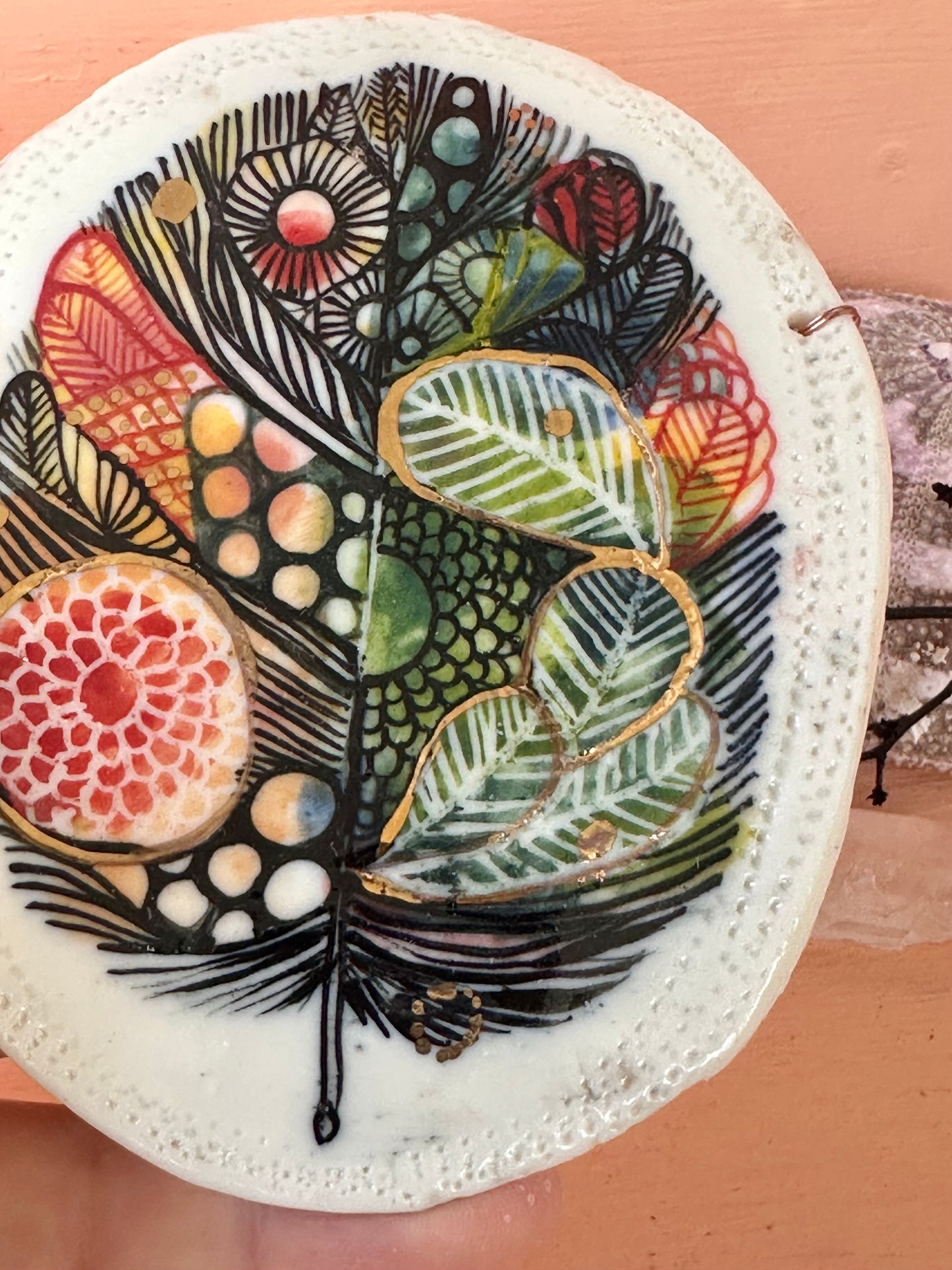 Coloured ‘Feather’ porcelain wall piece, with gold detail
