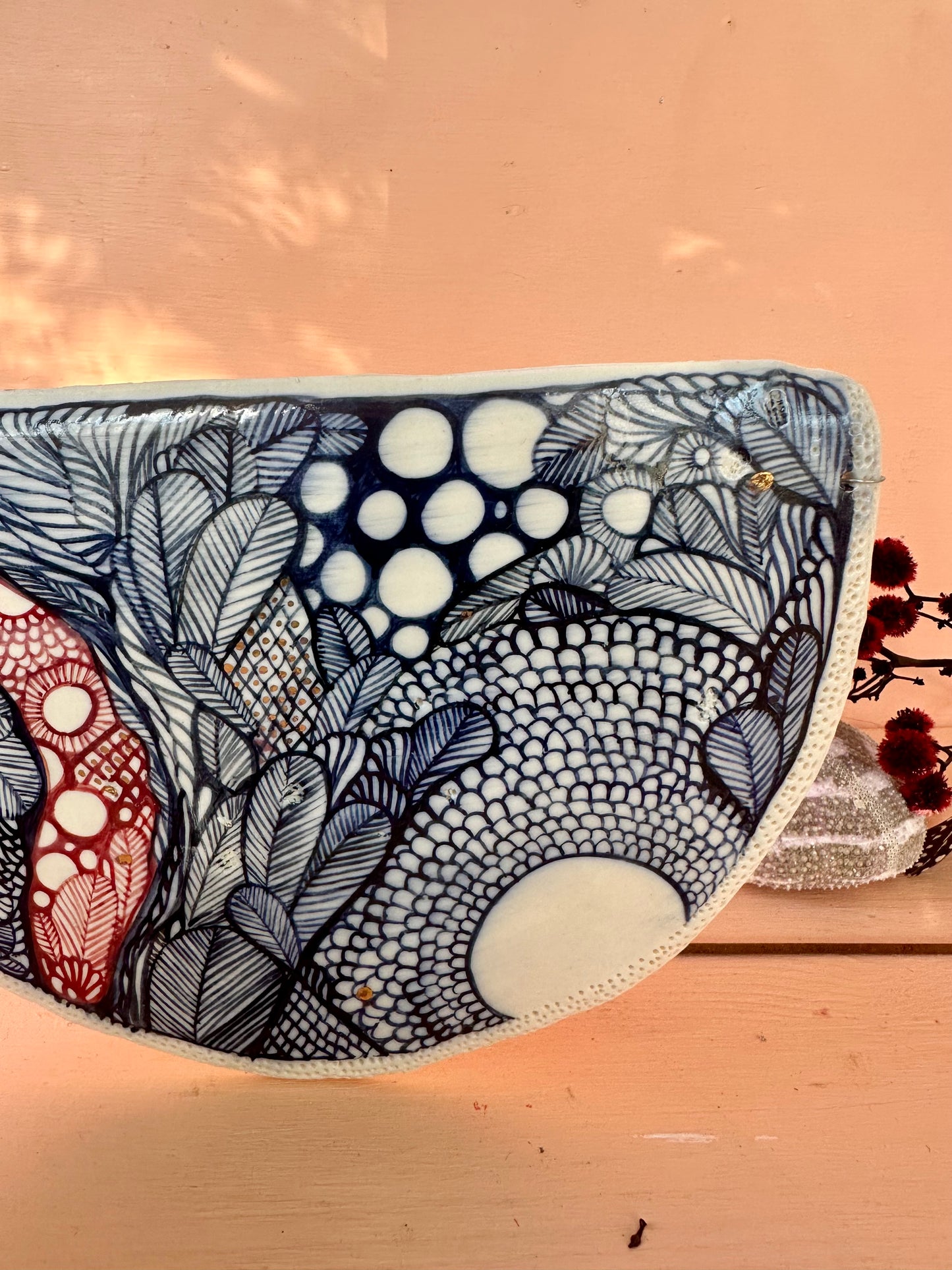 ‘Indigo Seafoam’ crescent porcelain wall piece