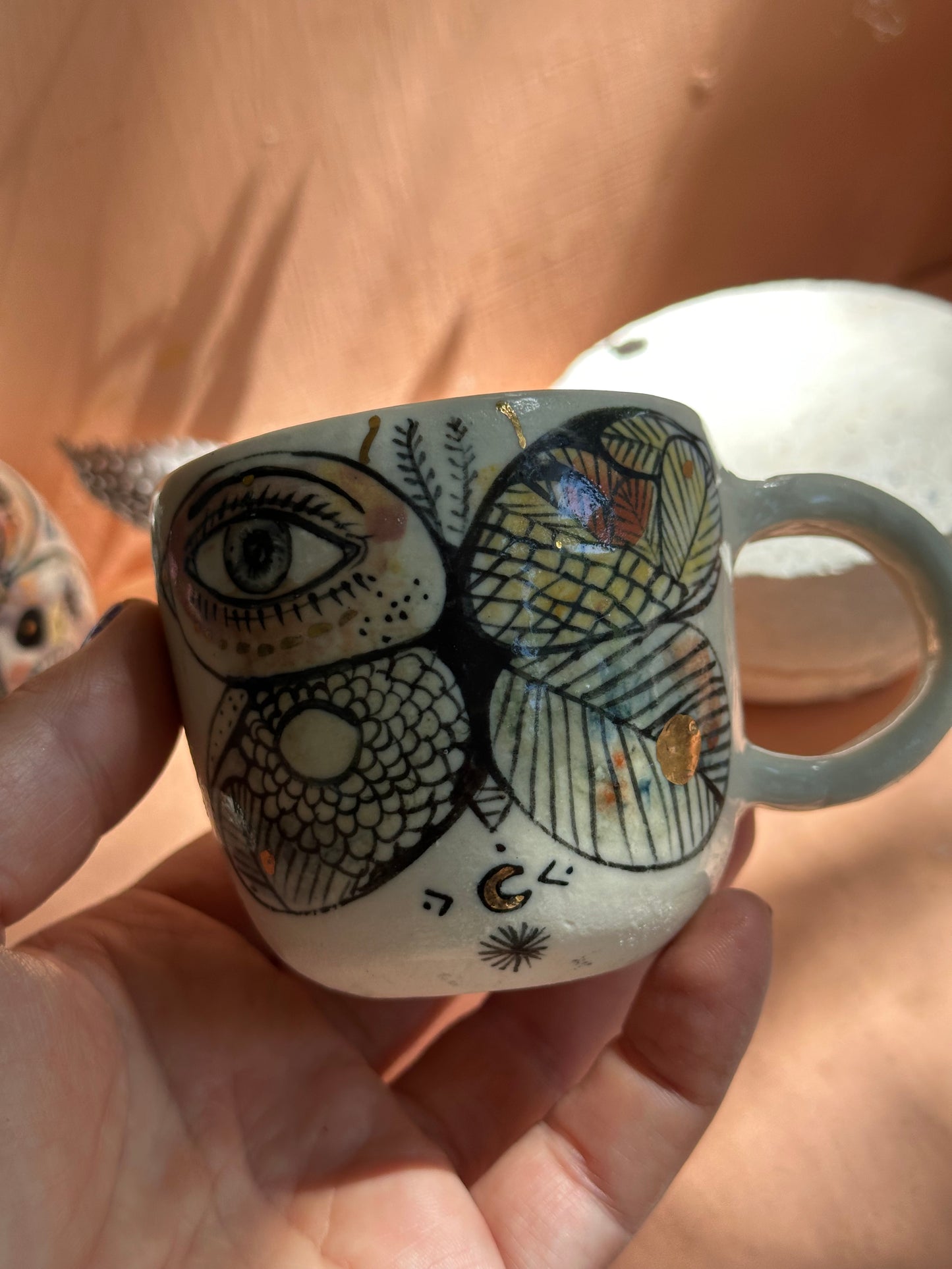 ‘moth’ hand painted cup, small/ med