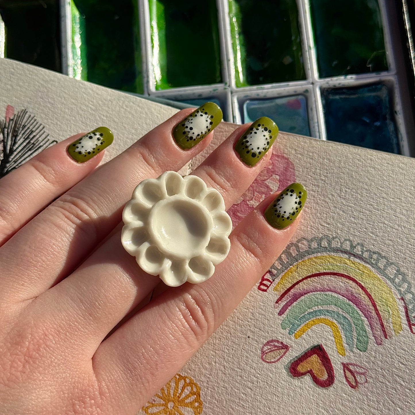 Daisy Paint Palette Porcelain Ring size M
