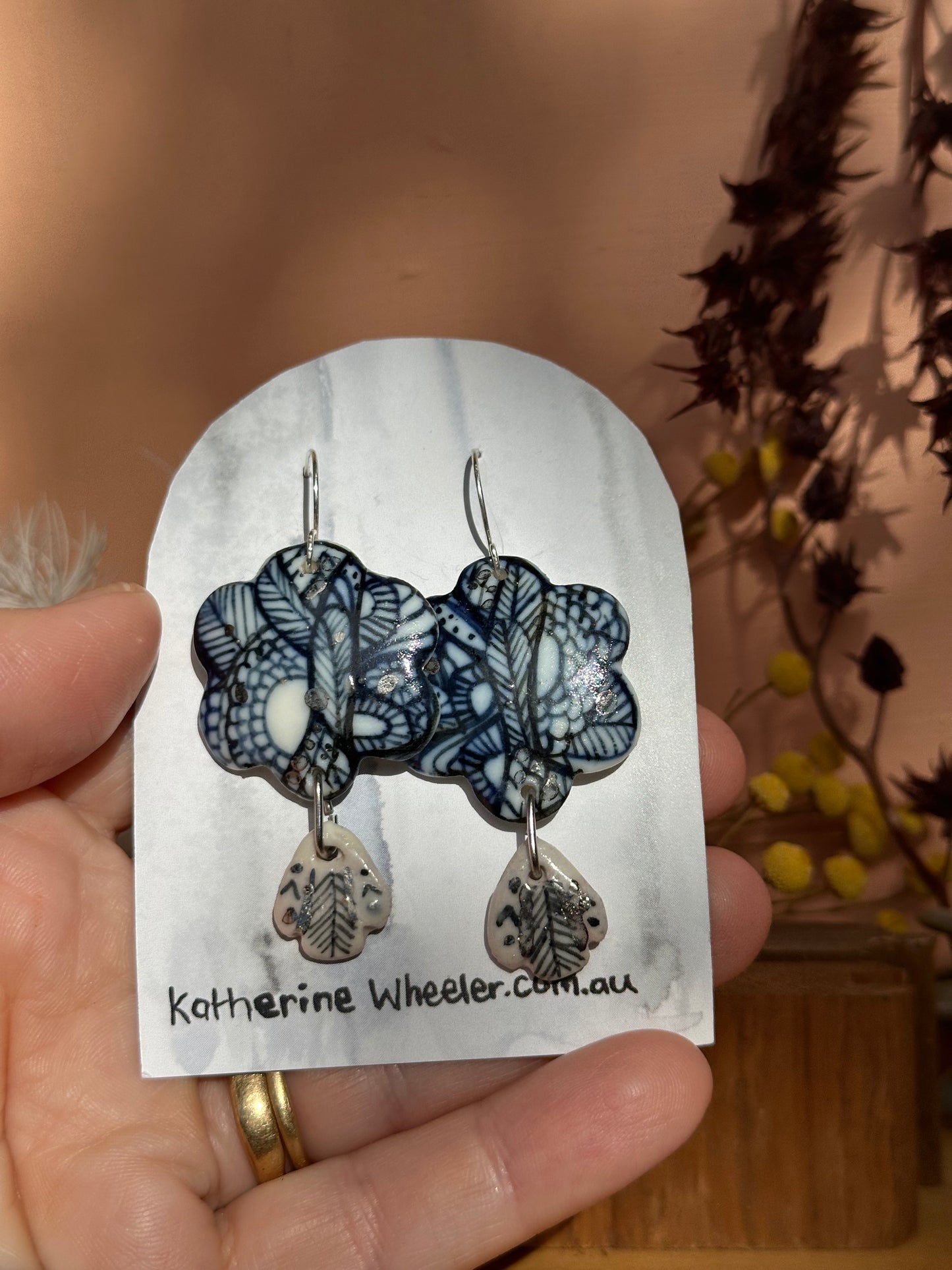 Double Drop ‘seafoam ’ Porcelain Earrings With Gold Detail