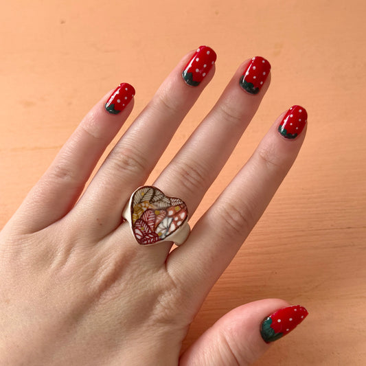 Hand Painted Porcelain Heart Ring size R