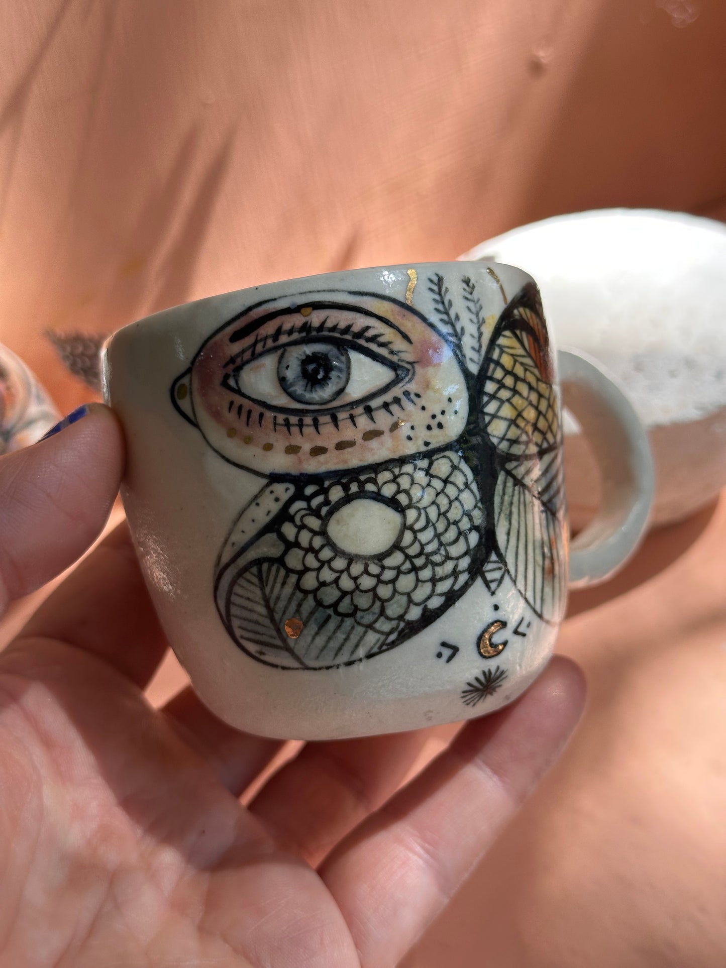 ‘moth’ hand painted cup, small/ med
