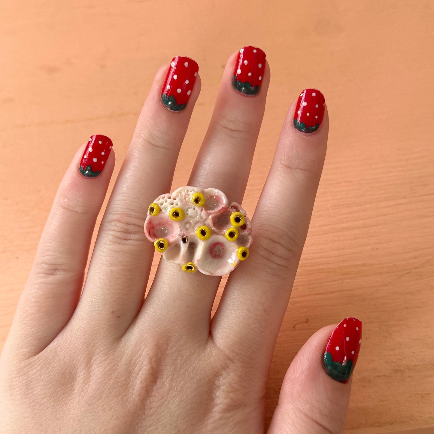 Pink + Yellow Handmade Rock Coral Ring size M