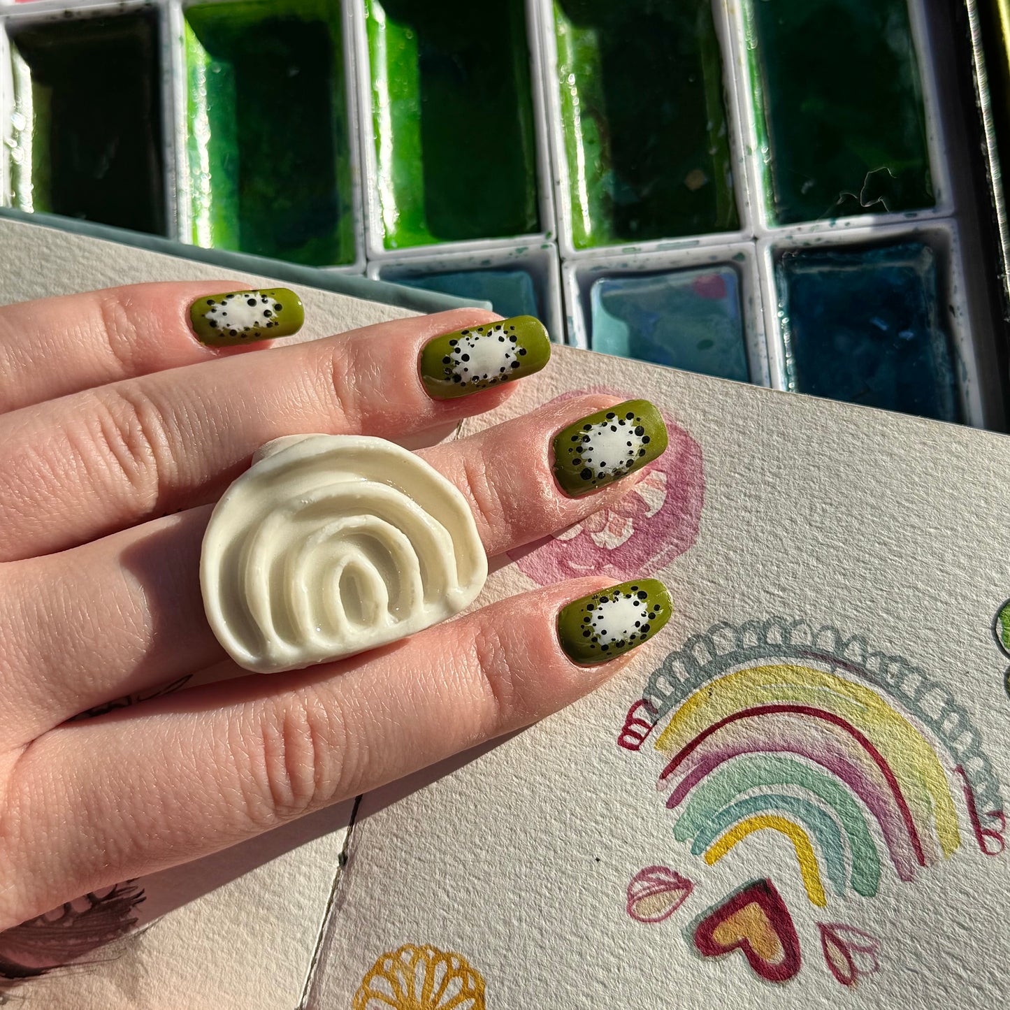 Rainbow Paint Palette Porcelain Ring size L