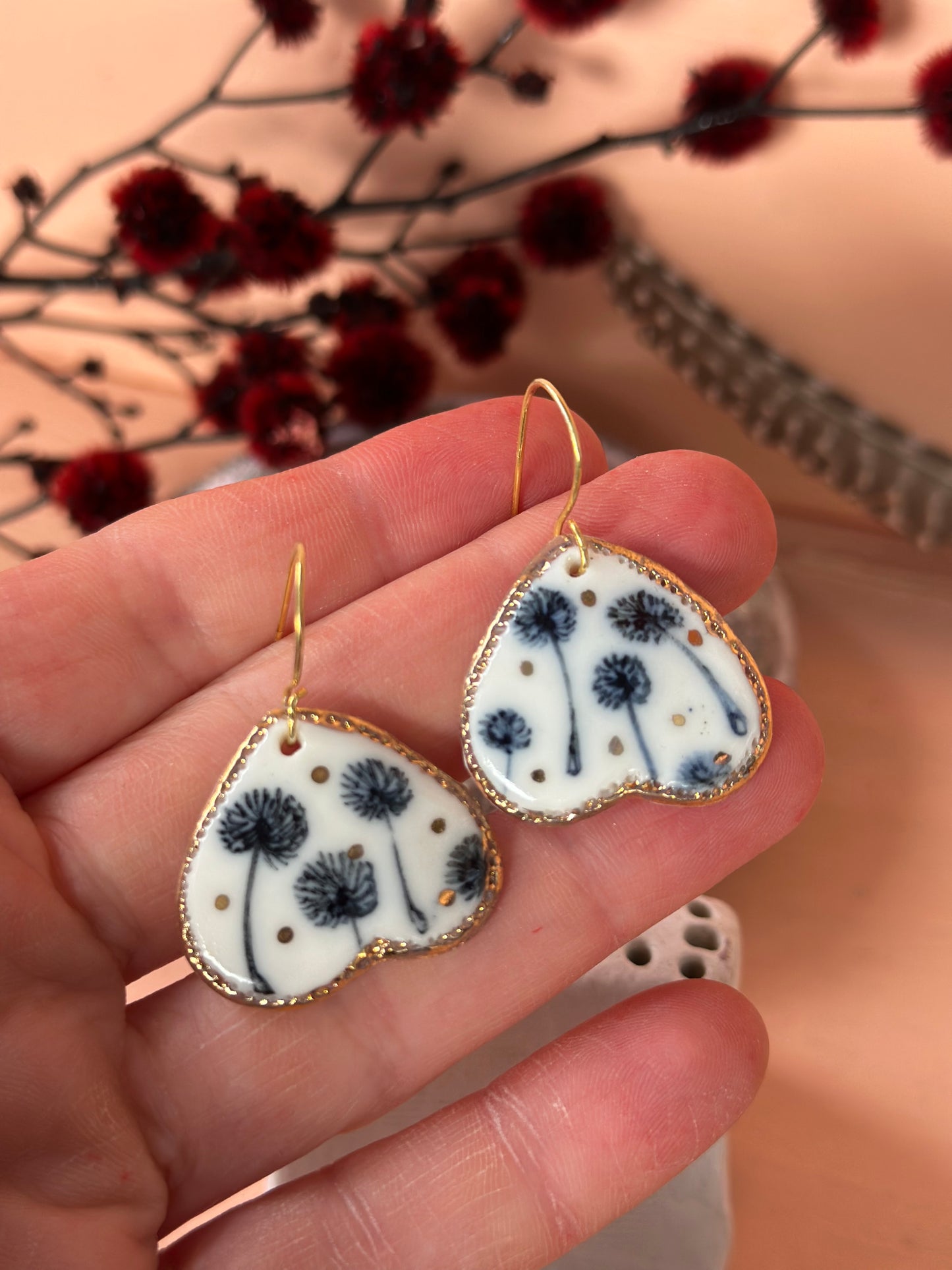 Hand Painted Dandelion Porcelain Earrings with gold dots