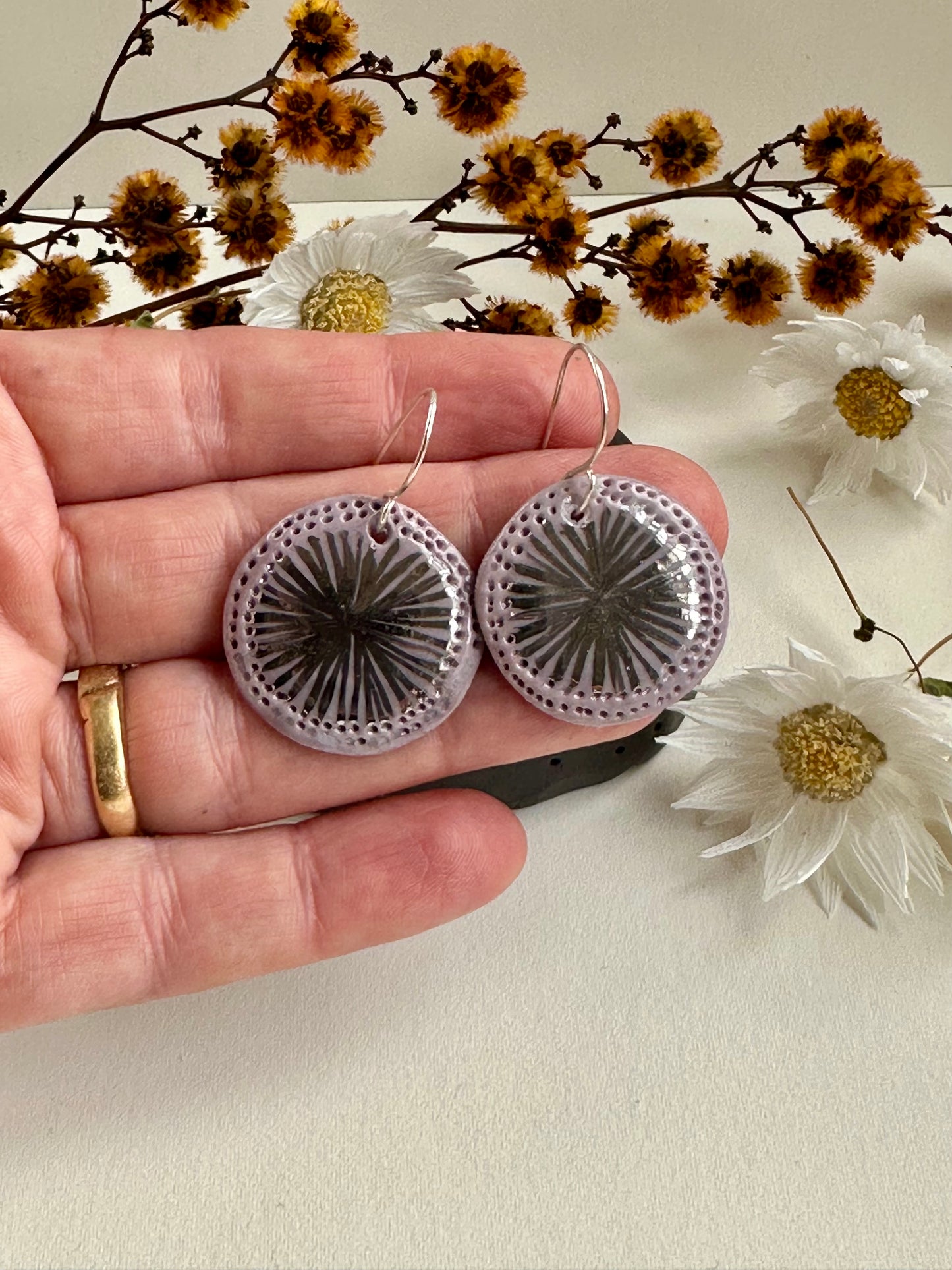 Purple with silver ‘star' porcelain earrings