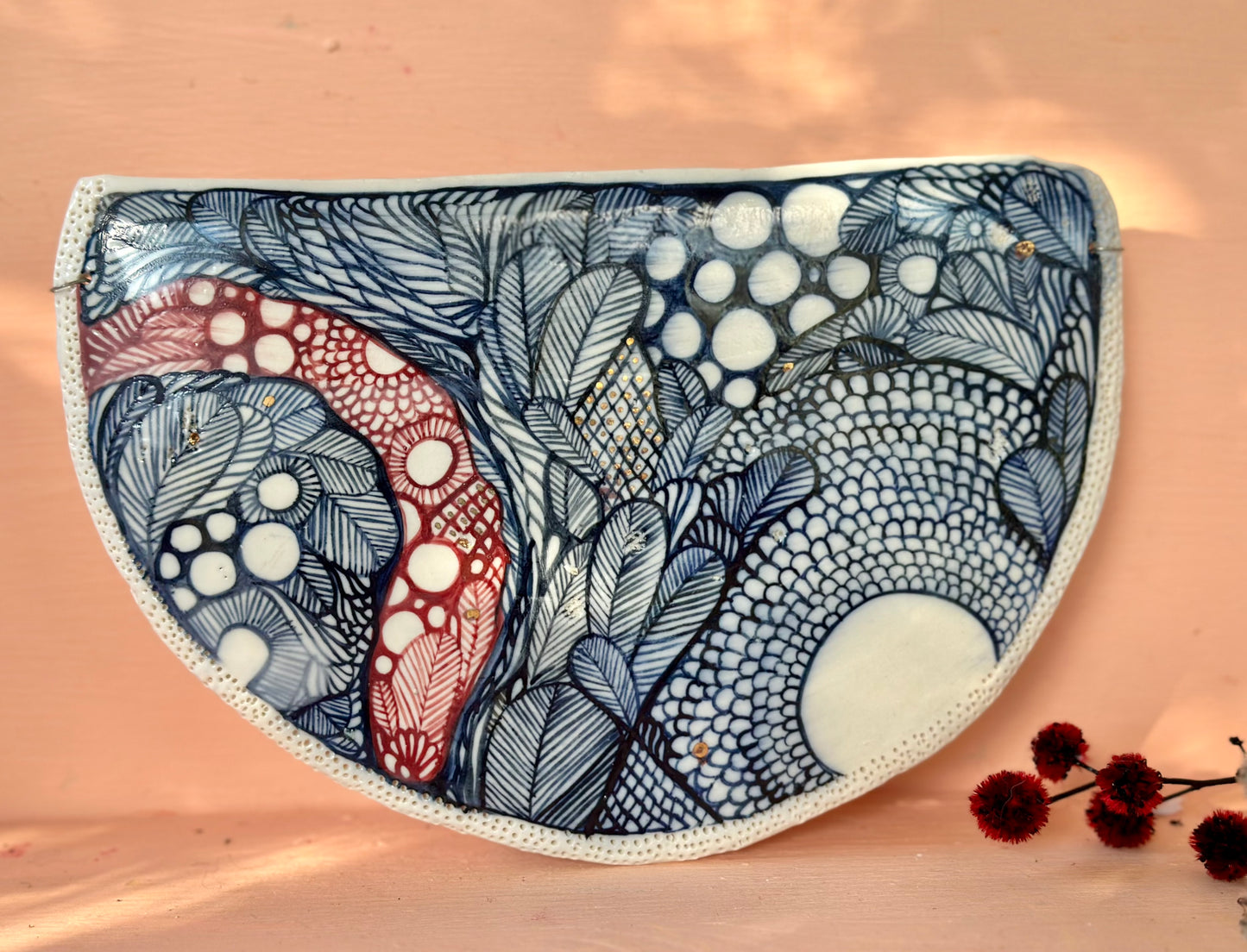 ‘Indigo Seafoam’ crescent porcelain wall piece