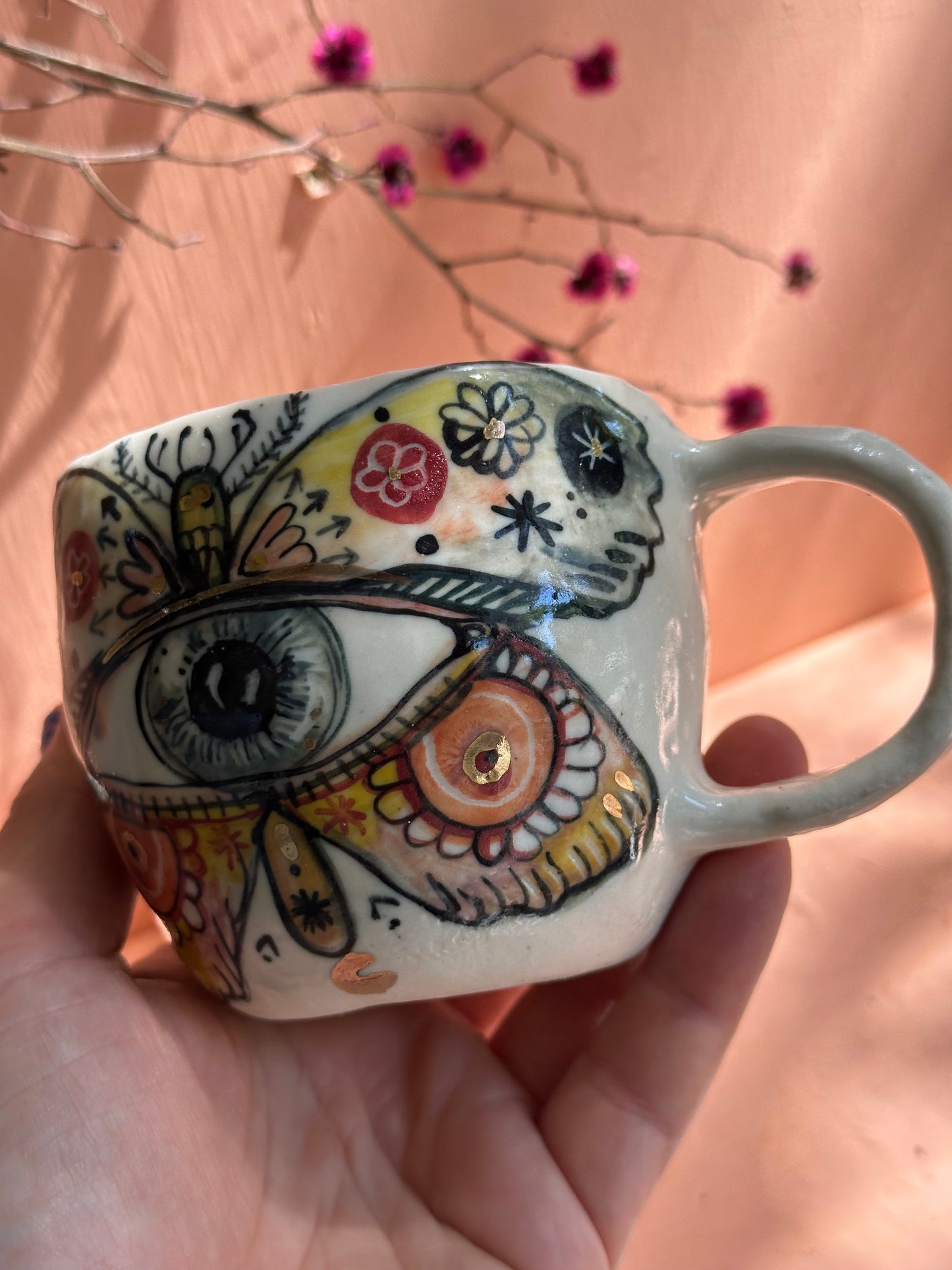 ‘moth’ hand painted cup