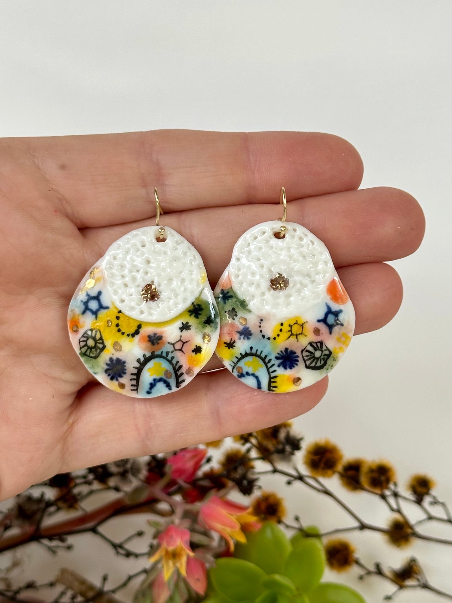 Porcelain hand painted ‘stars and cells’ earrings with gold detail