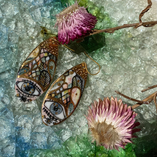 ‘The Protective Eye’ Long Porcelain Earrings With Gold Detail