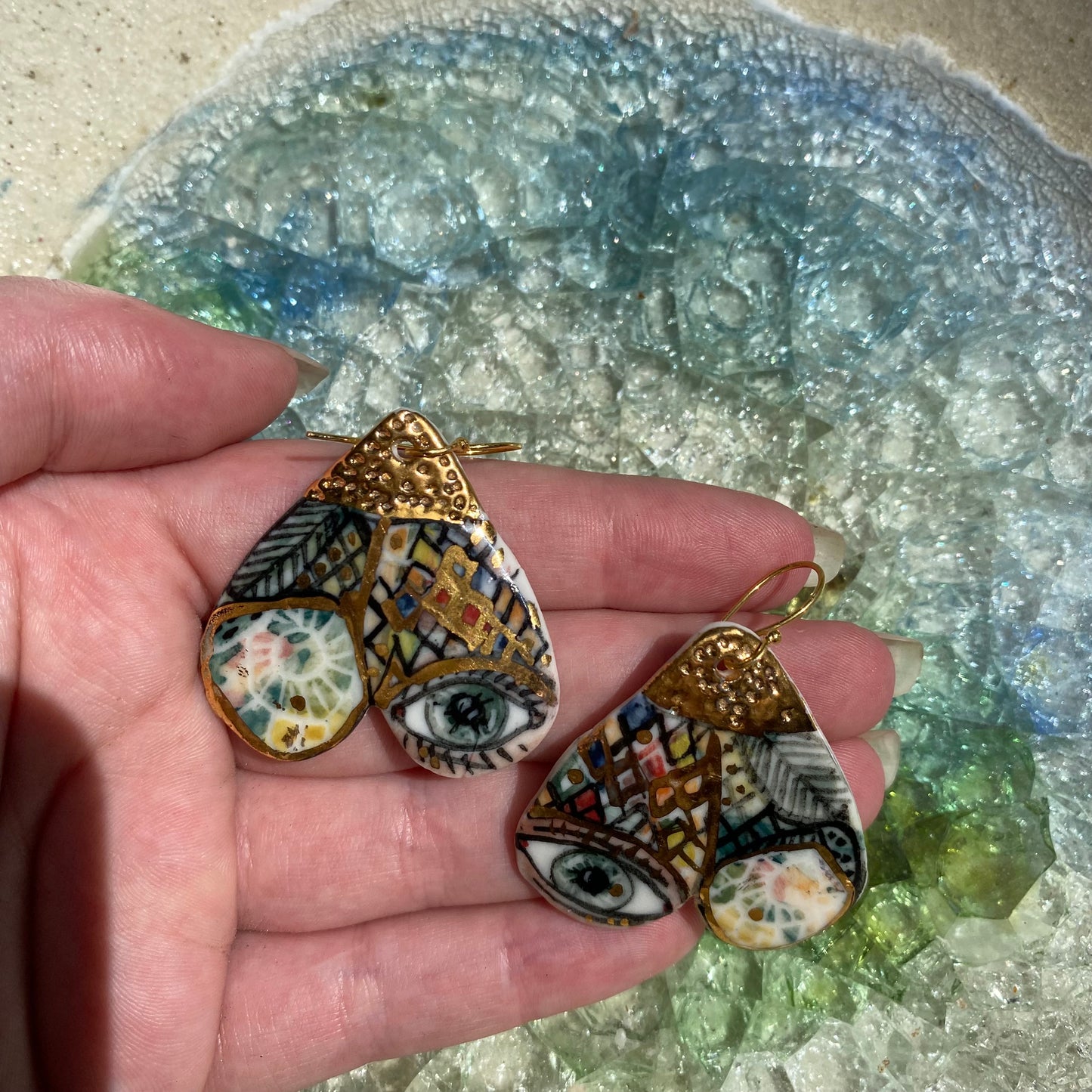 ‘Wings’ Porcelain Earrings, Hand Painted Protective Eye Design