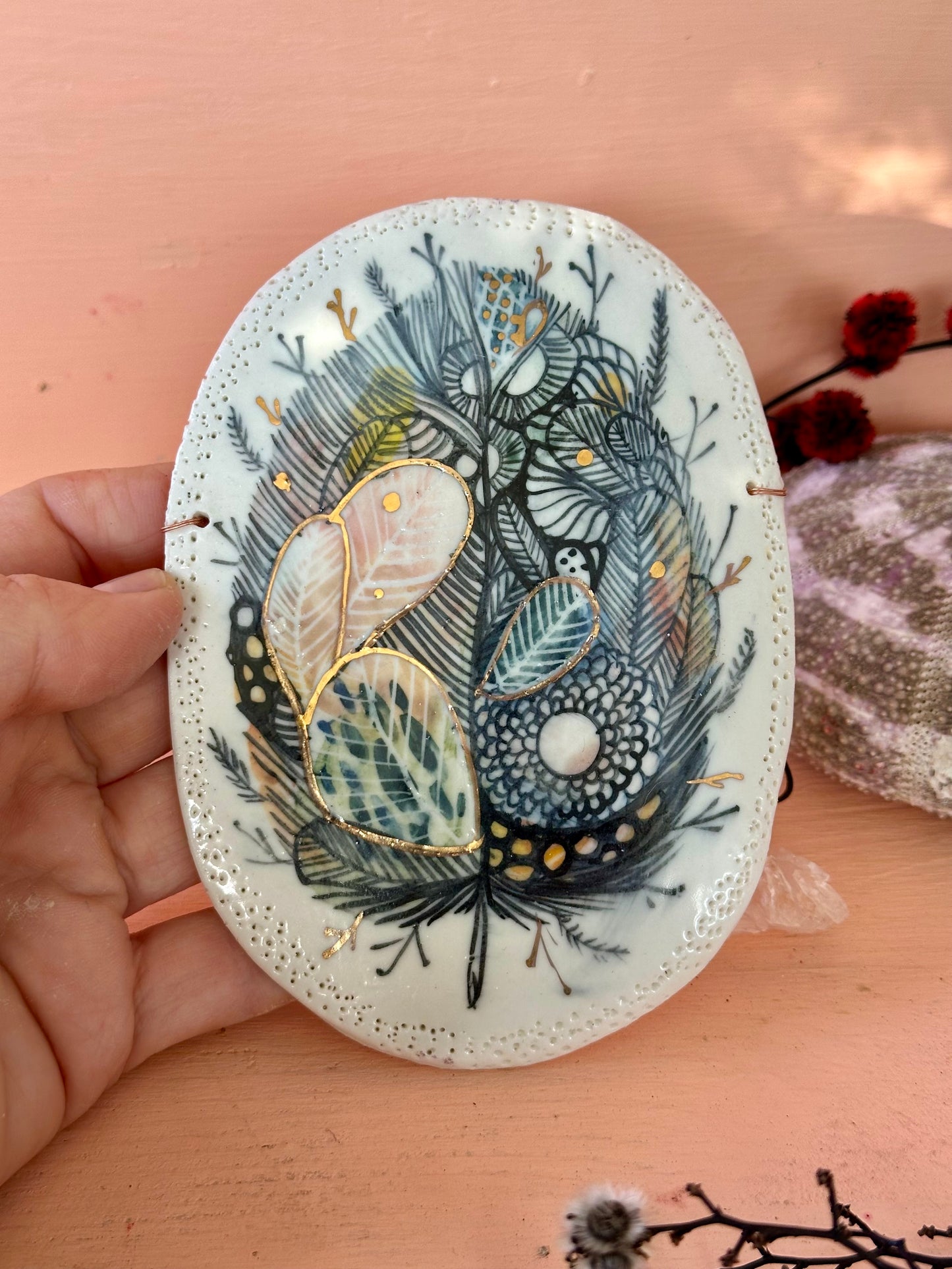 ‘Feather’ porcelain wall piece, with gold detail