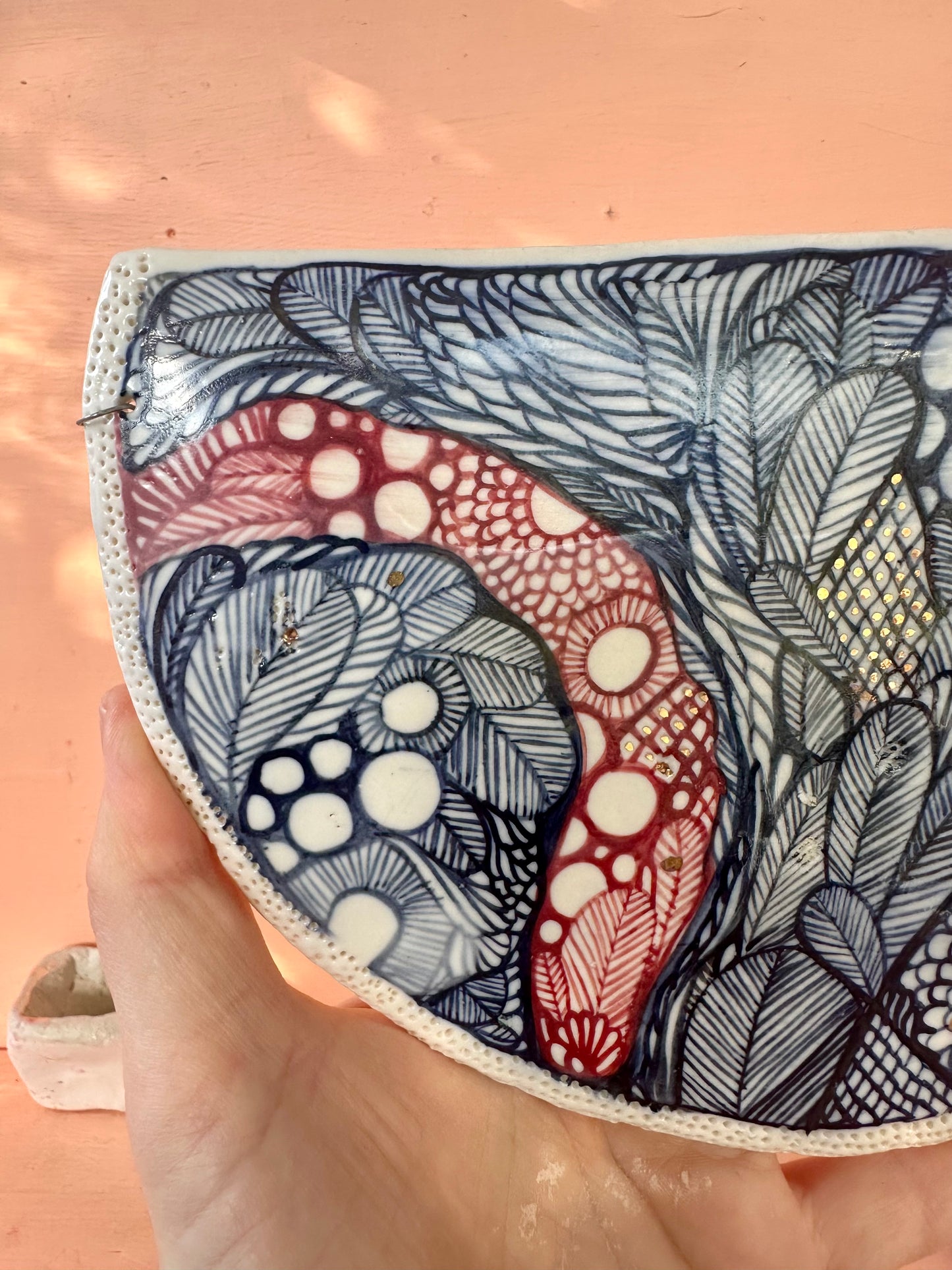 ‘Indigo Seafoam’ crescent porcelain wall piece