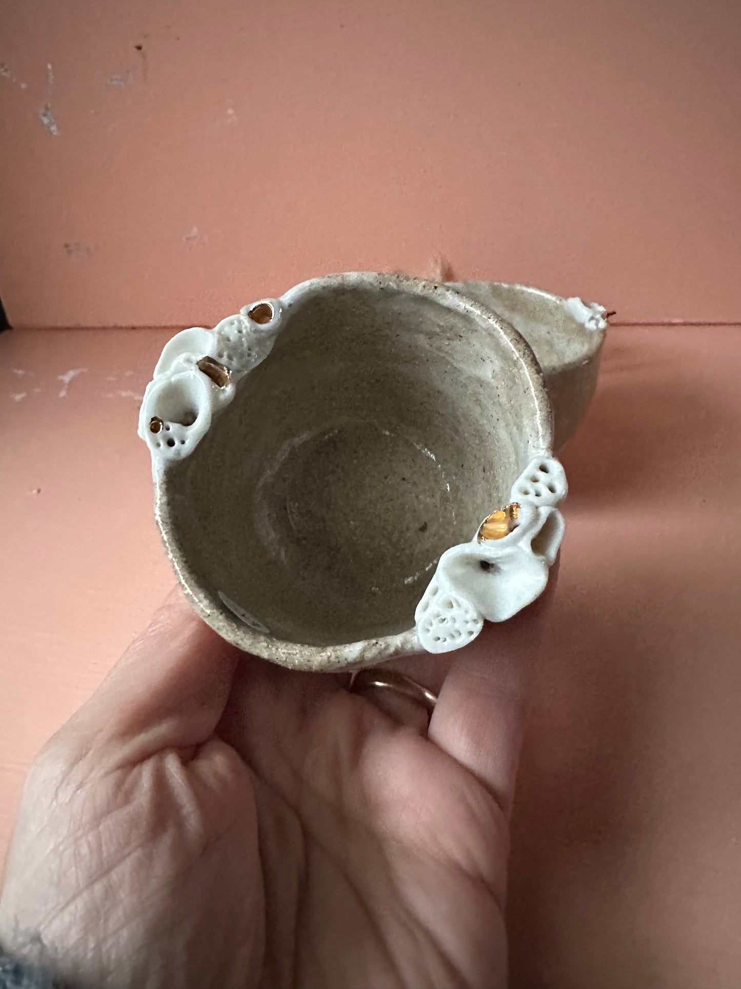 Small/ mid side ‘Coral’ mixed clay, hand texted one of a kind cup