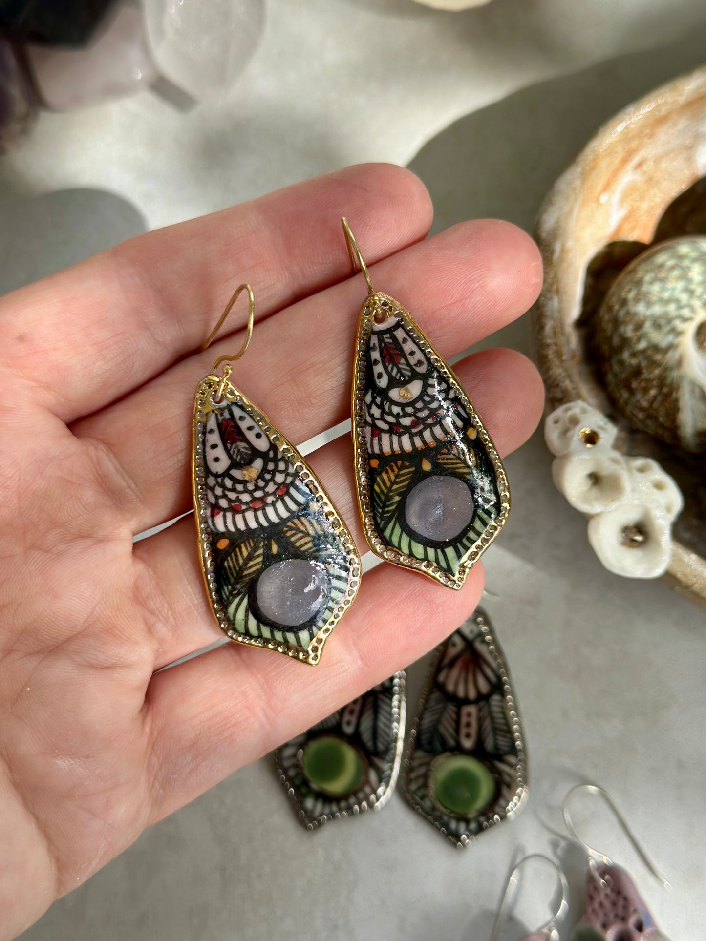 Hand Painted Porcelain Earrings Purple with Gold