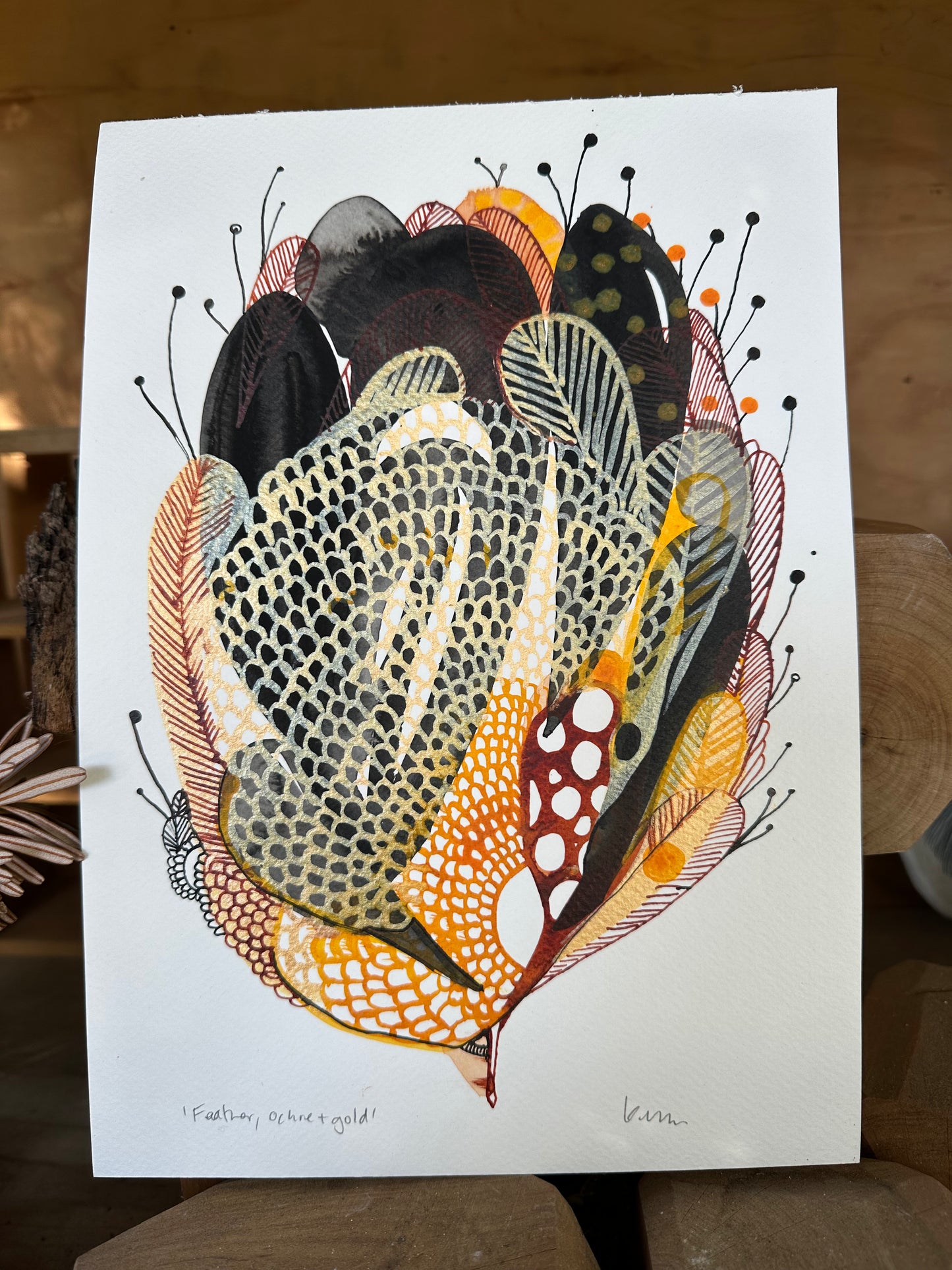 Feather, ochre + gold (A4)