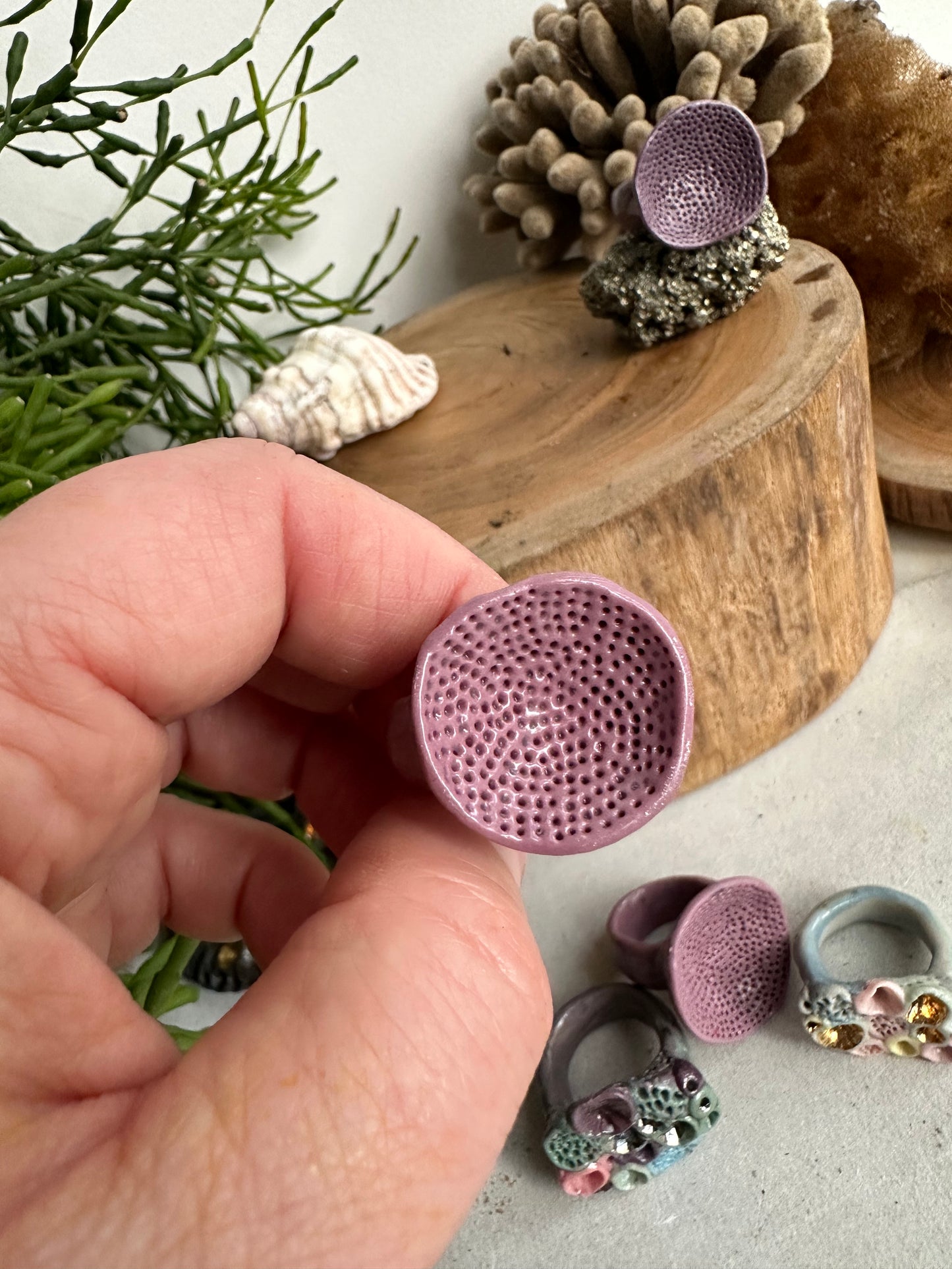 Handmade porcelain ‘rock coral’ rings, purples/ pinks