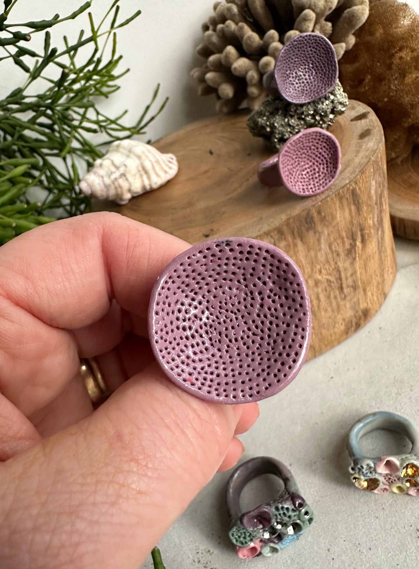 Handmade porcelain ‘rock coral’ rings, purples/ pinks