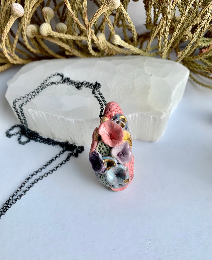 Coloured porcelain ‘coral’ pendant on oxidised sterling silver chain
