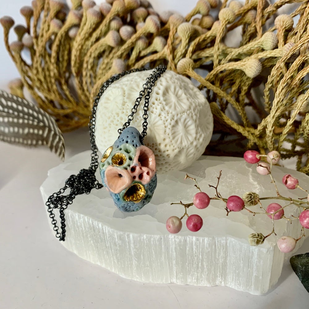 Coloured ‘rock coral’ pod pendant on oxidised sterling silver chain