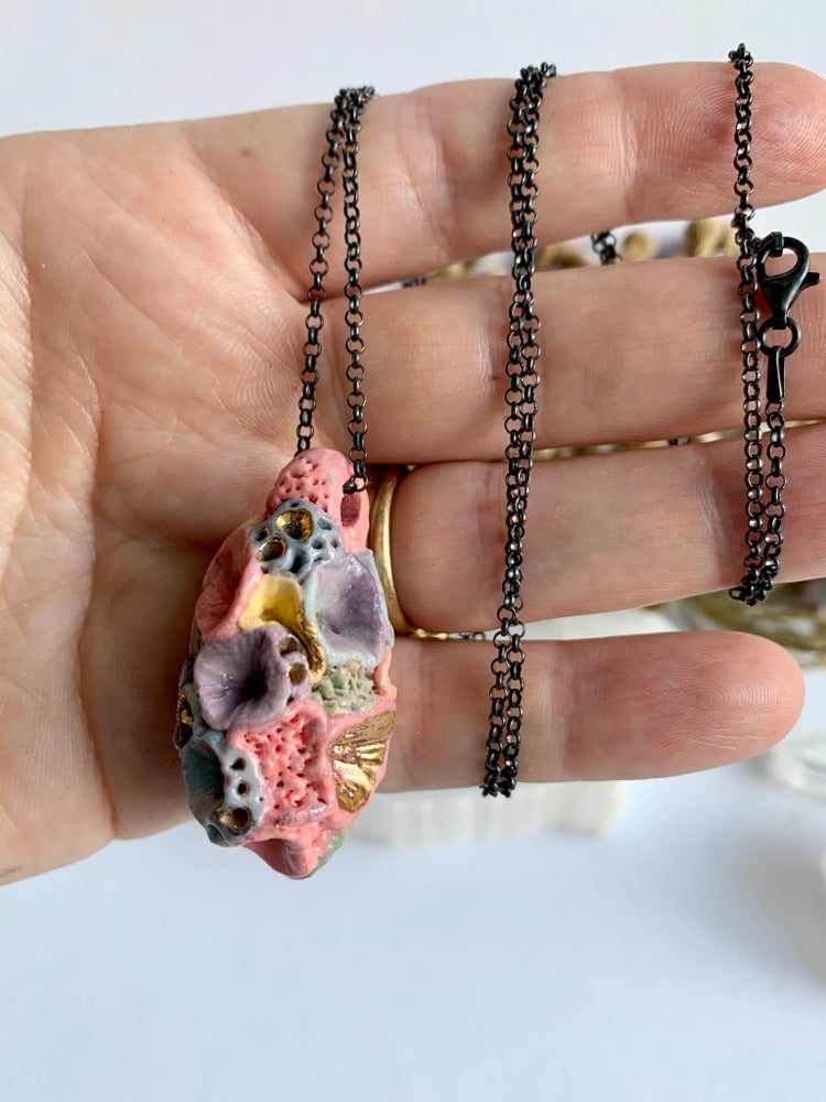 Coloured porcelain ‘coral’ pendant on oxidised sterling silver chain
