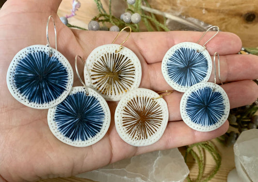 Hand painted porcelain earrings with blue or gold lustre ‘Star’ design, choose a pair
