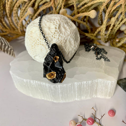 Black ‘rock coral’ pod pendant on oxidised sterling silver chain.