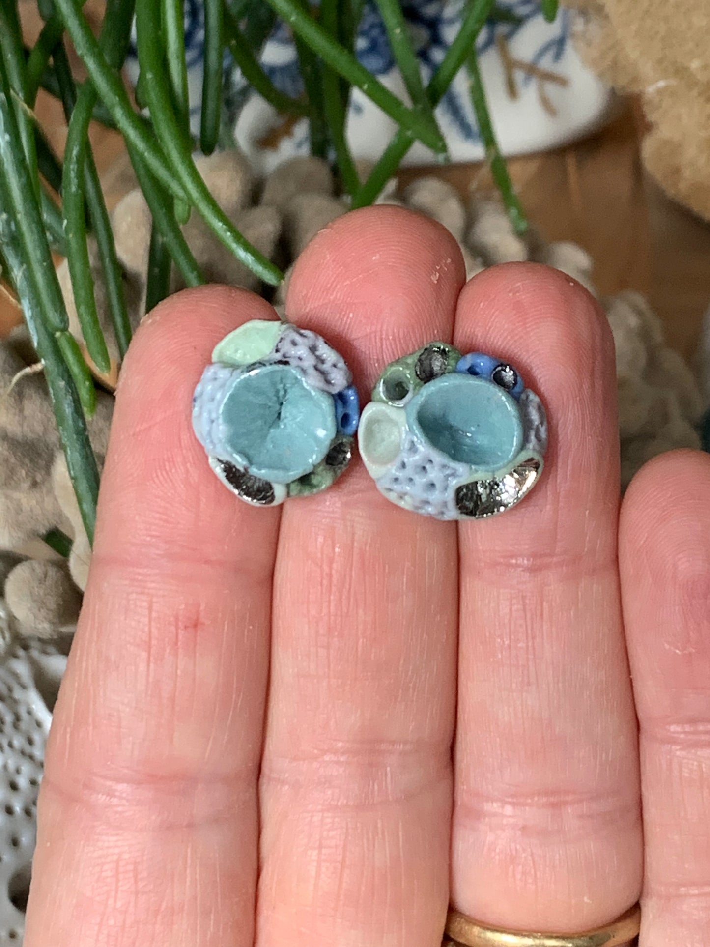 Green tones and silver lustre porcelain ‘coral’ studs, choose a pair