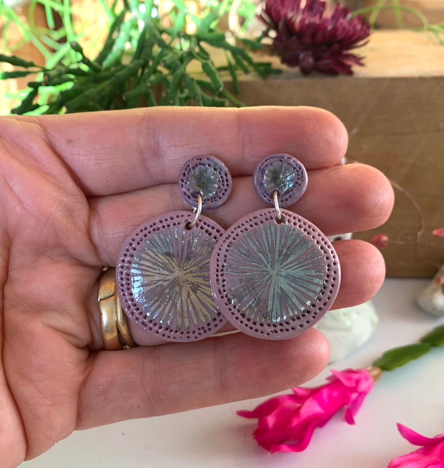‘Double star’ purple Porcelain Earrings with Platinum Lustre Detail
