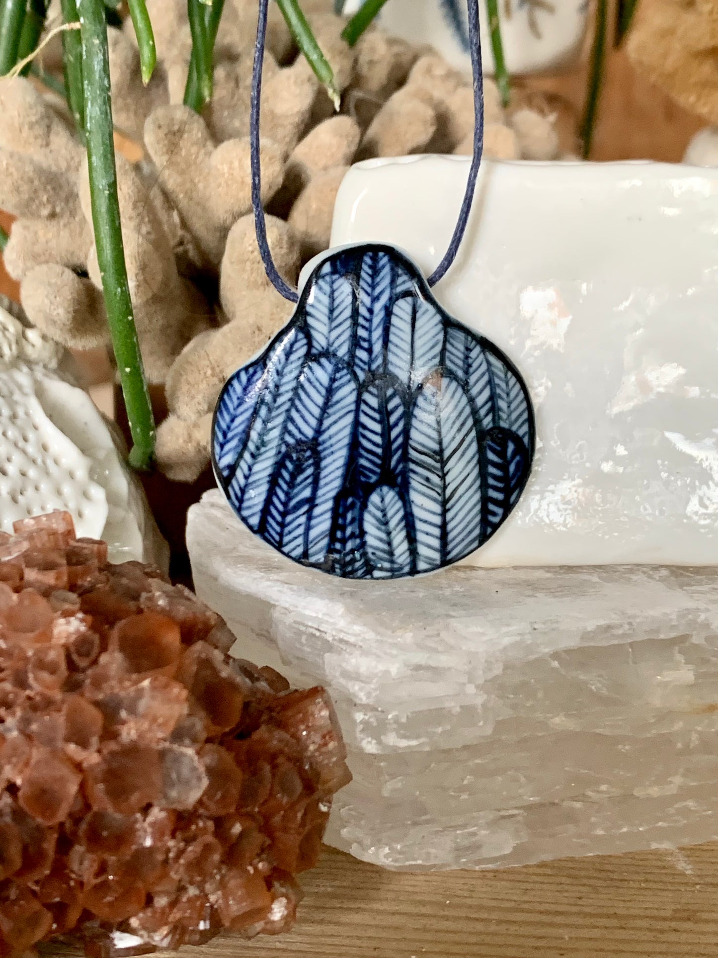 Hand Painted small indigo ‘feather’ Pendant