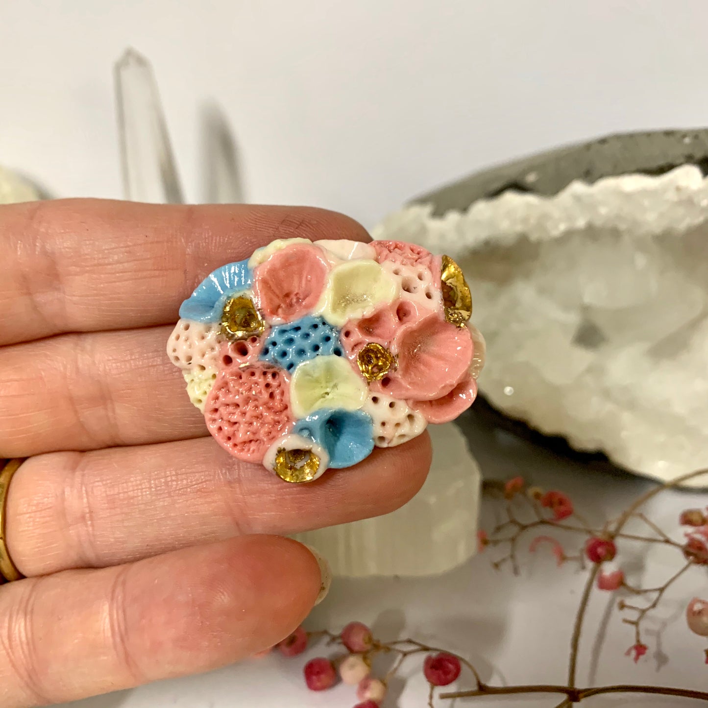 ‘Rock coral’ coloured porcelain brooch, choose one