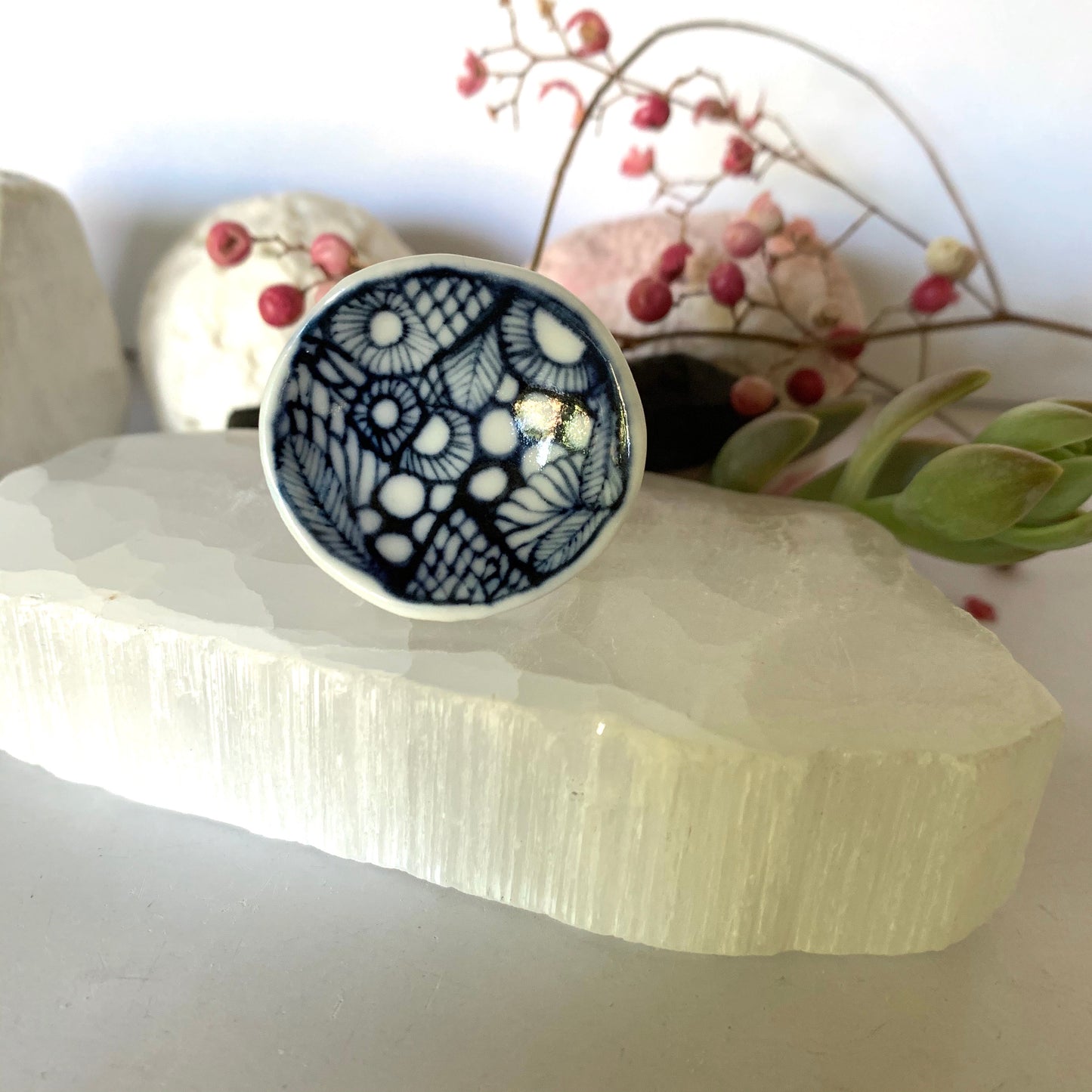 Blue hand painted ‘sea foam ’ porcelain ring