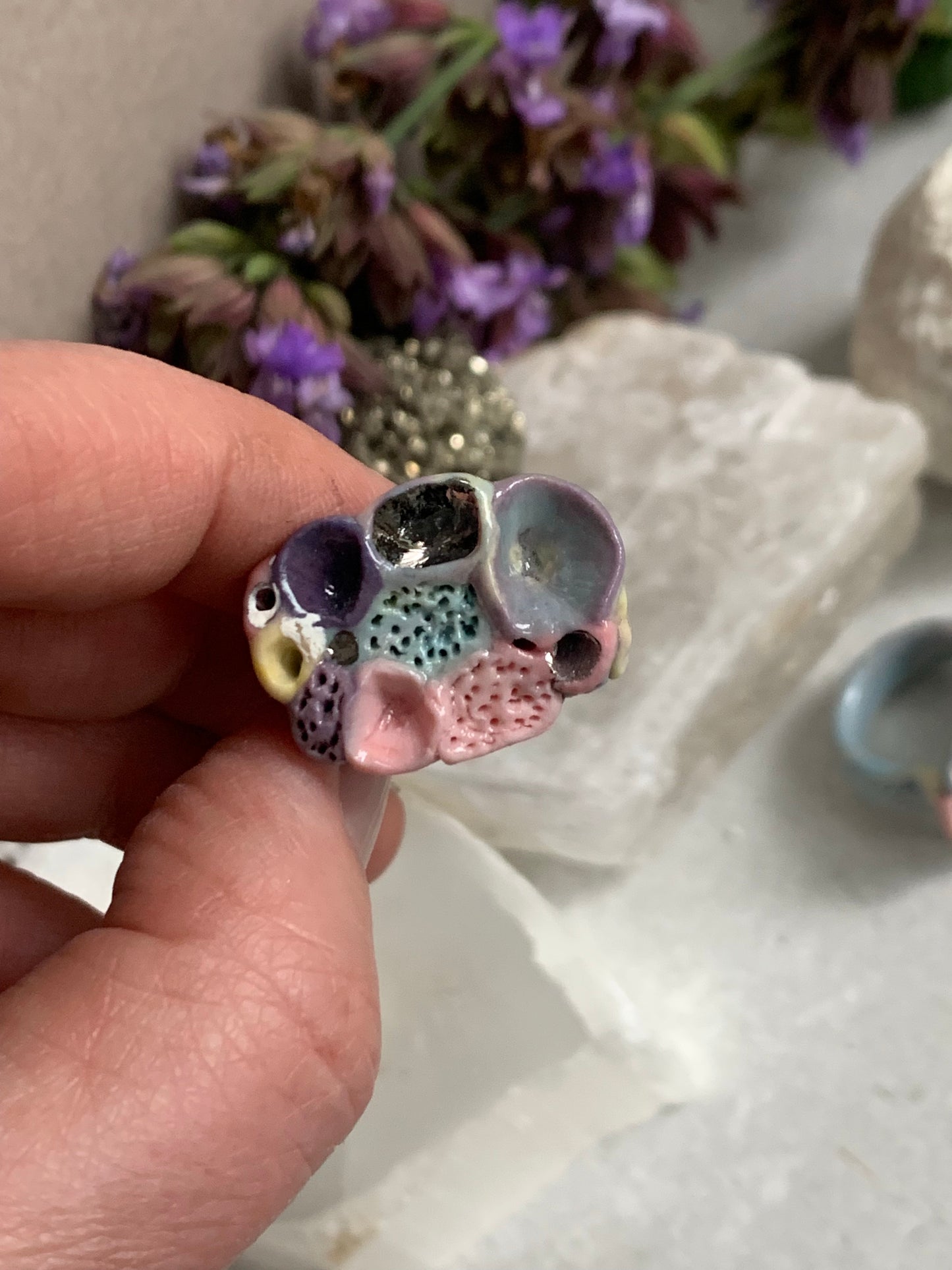 One silver lustre with Blue/ pink / purple tones ‘rock coral’ porcelain ring
