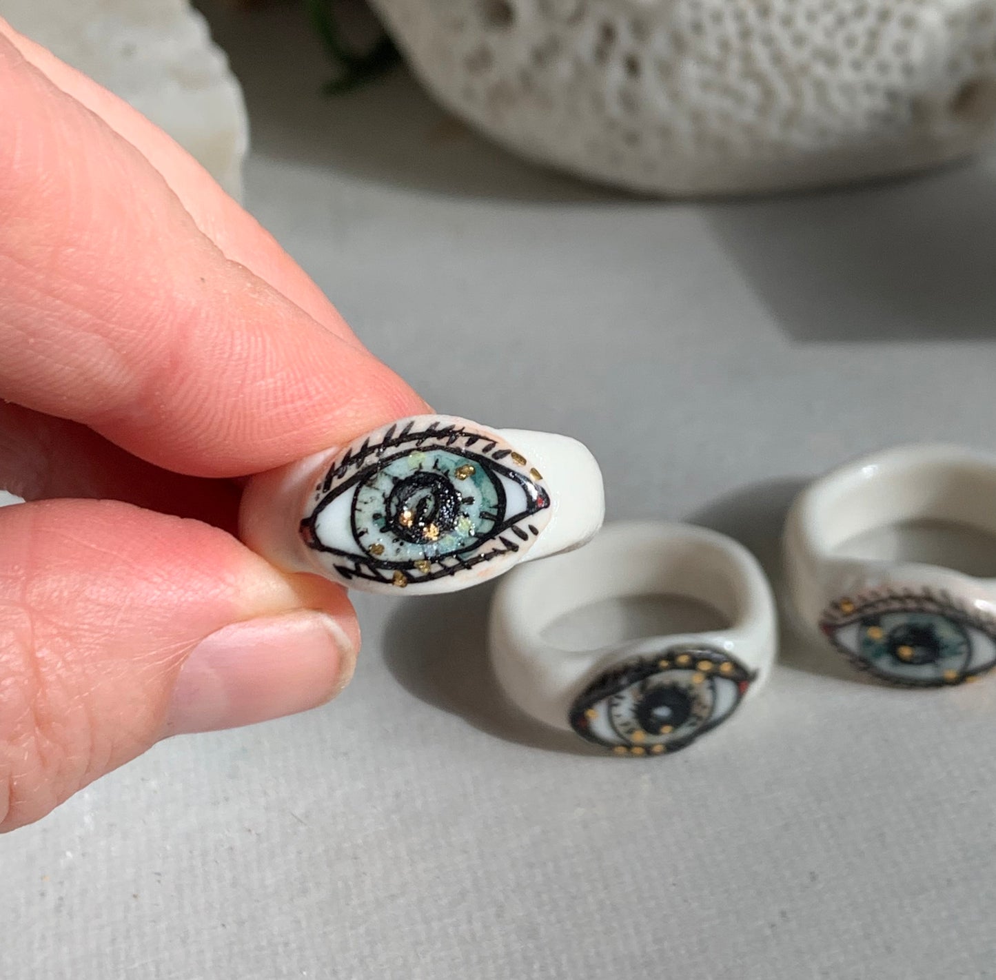 Hand painted porcelain ‘the protective eye’ ring, choose a size