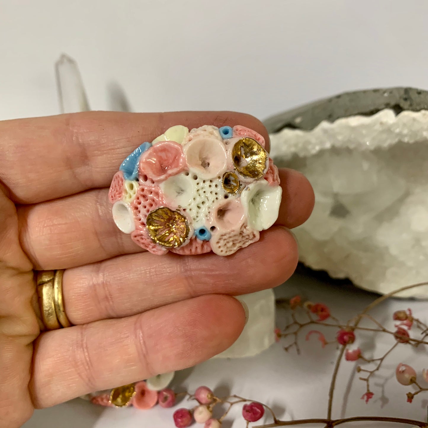 ‘Rock coral’ coloured porcelain brooch, choose one