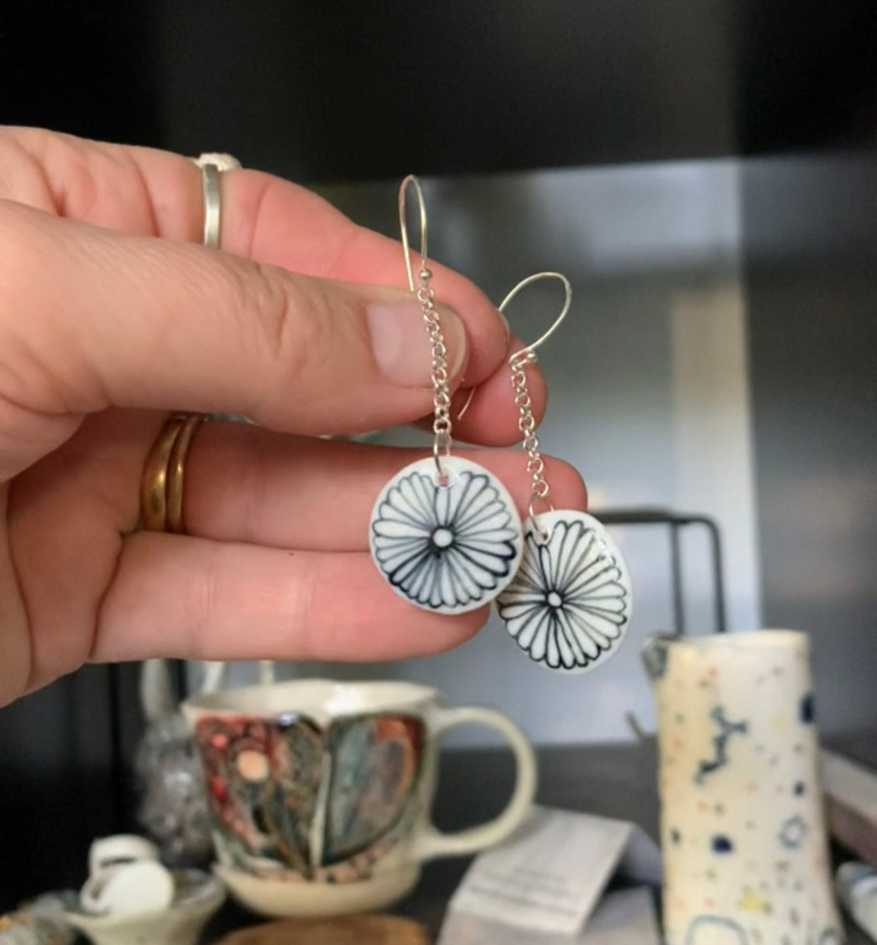 Porcelain ‘indigo flower’ chain earrings