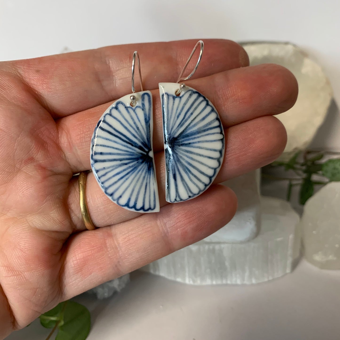 Half moon indigo ‘flower’ porcelain earrings