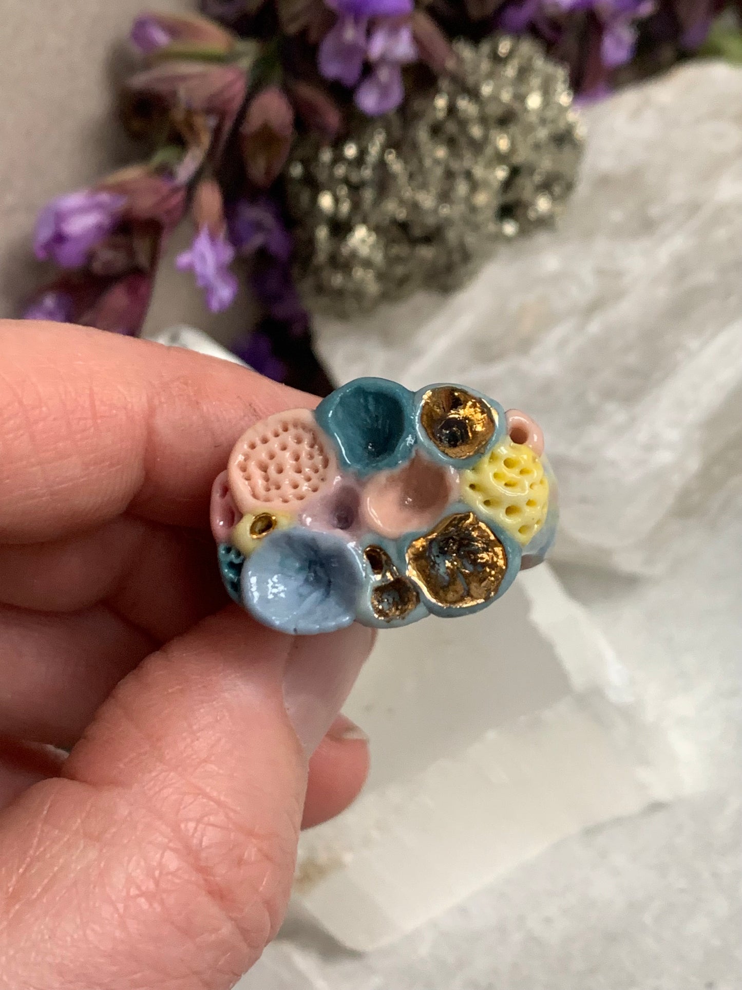 One gold lustre with Blue/ pink / purple tones ‘rock coral’ porcelain ring