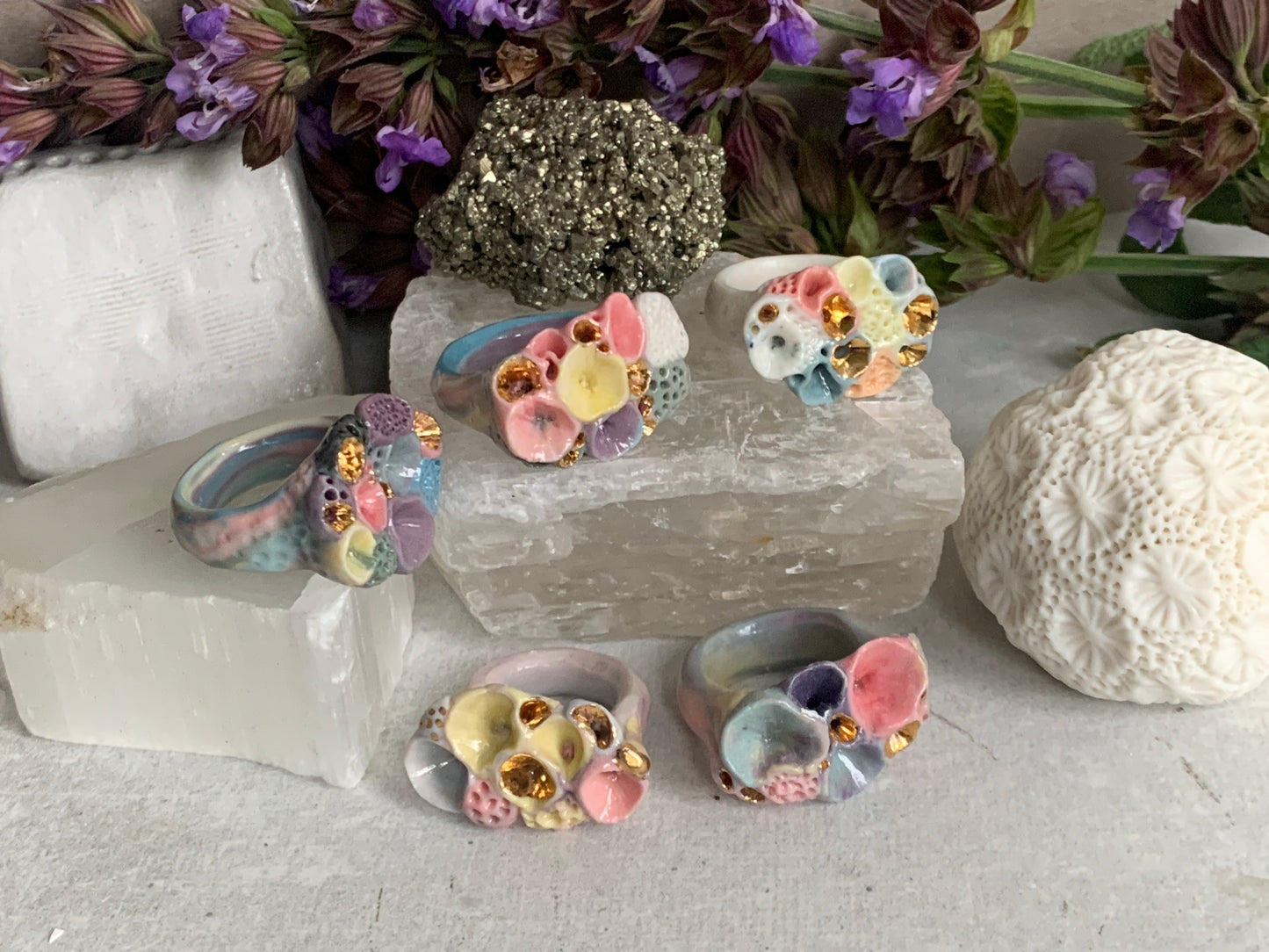 One gold lustre with Blue/ pink / purple tones ‘rock coral’ porcelain ring