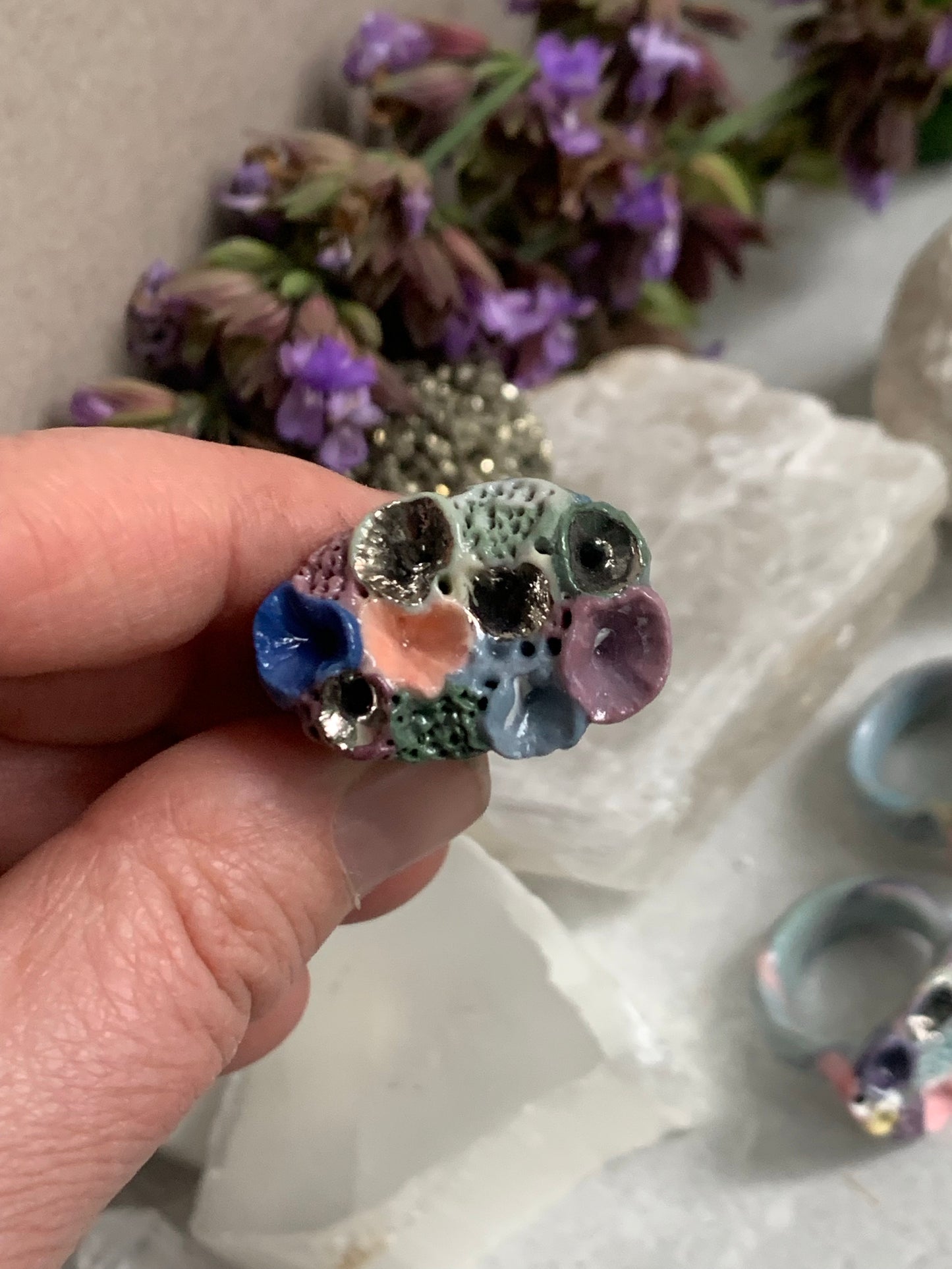 One silver lustre with Blue/ pink / purple tones ‘rock coral’ porcelain ring
