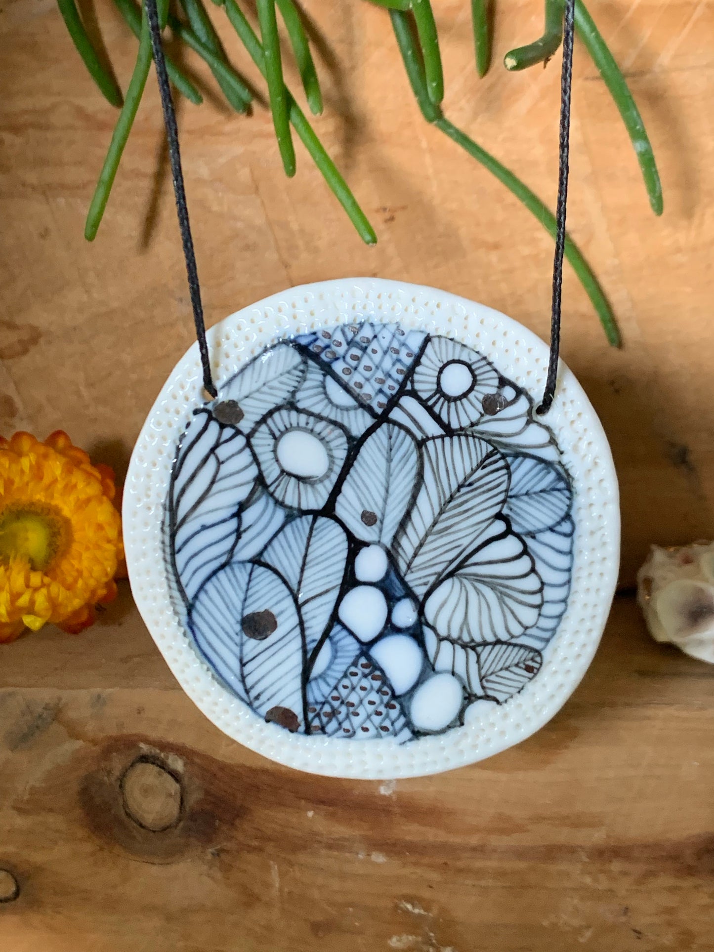 Indigo hand painted pendant with silver lustre detail