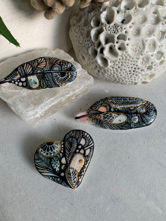 Sgraffito and hand painted ‘feather’ brooch, choose one